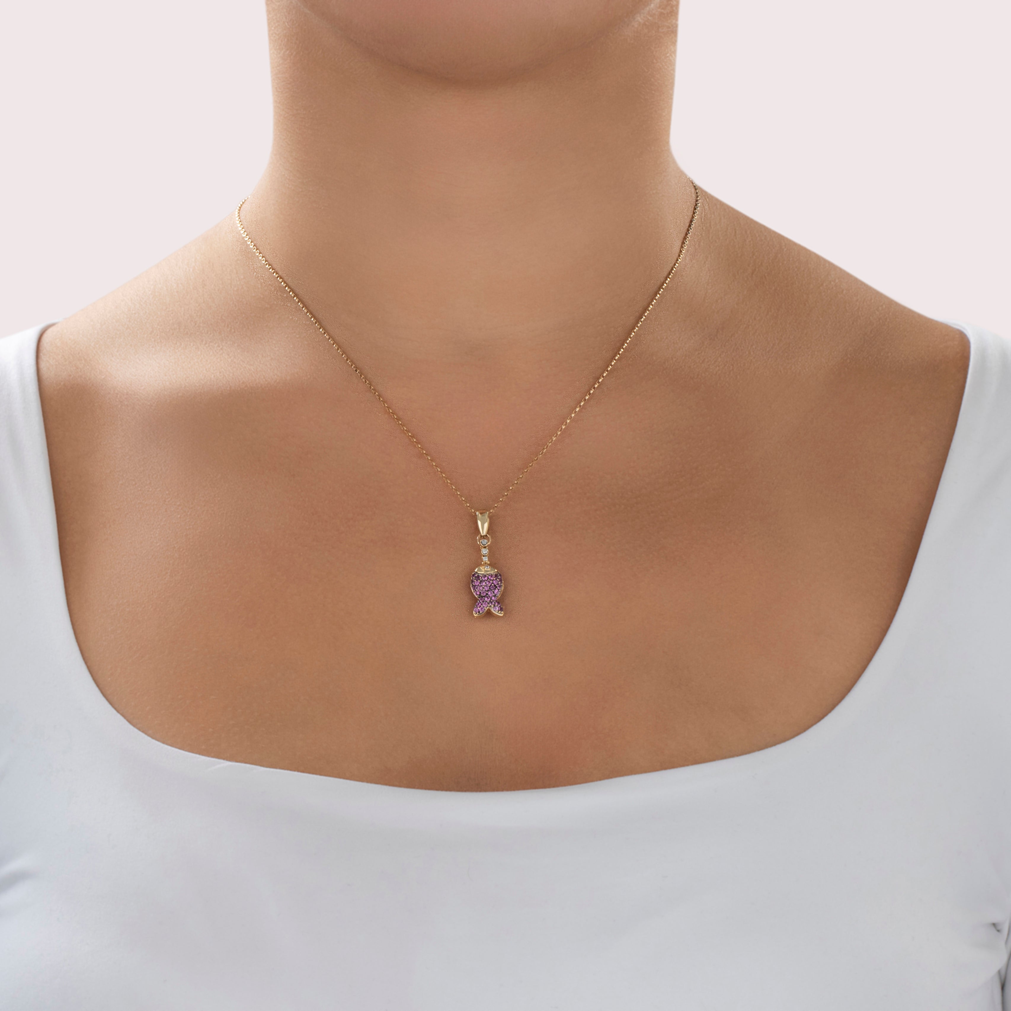 Vintage 18k & 14k Yellow Gold Pink Sapphire Diamond Bubbling Fish Pendant - On model view