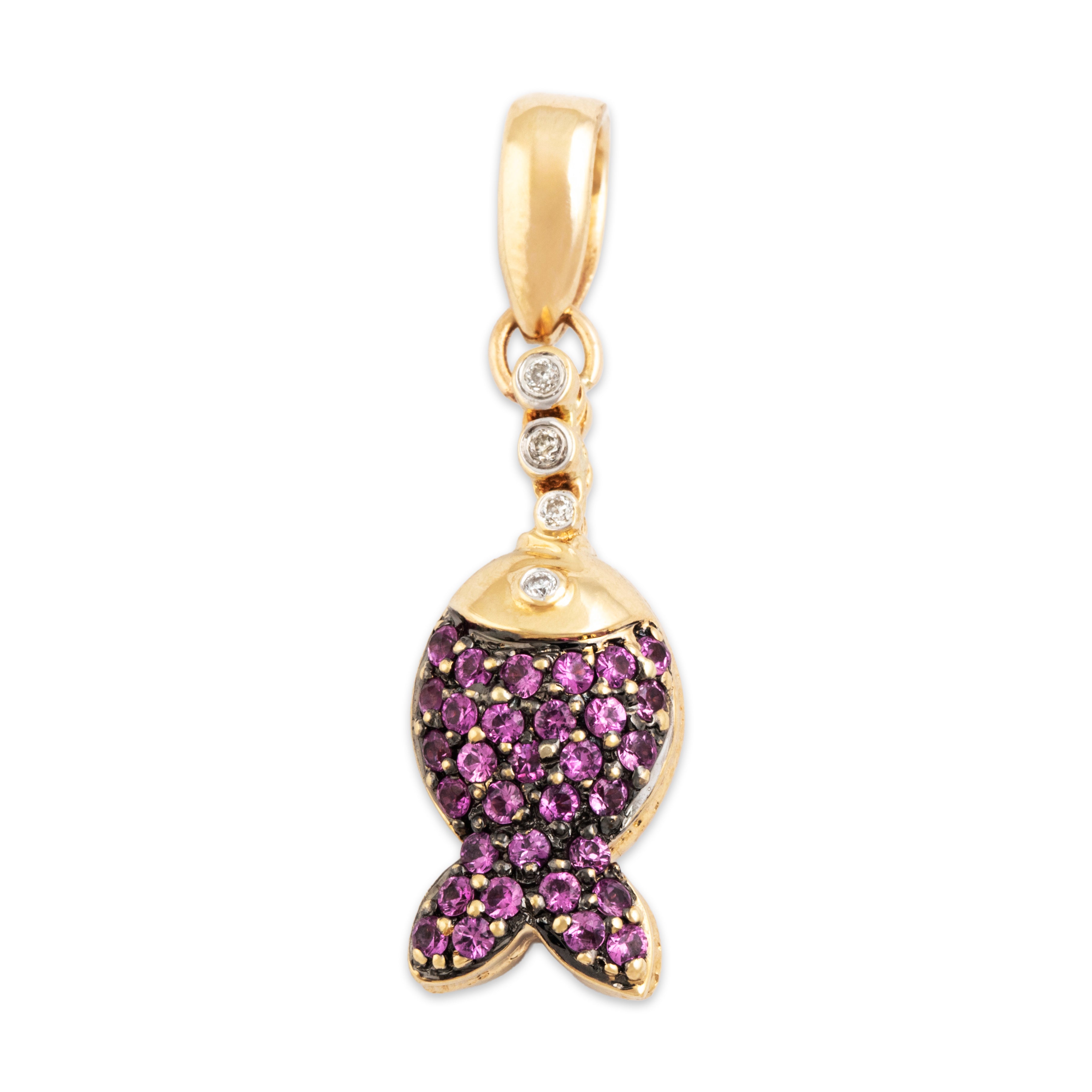Vintage 18k & 14k Yellow Gold Pink Sapphire Diamond Bubbling Fish Pendant - Overall view