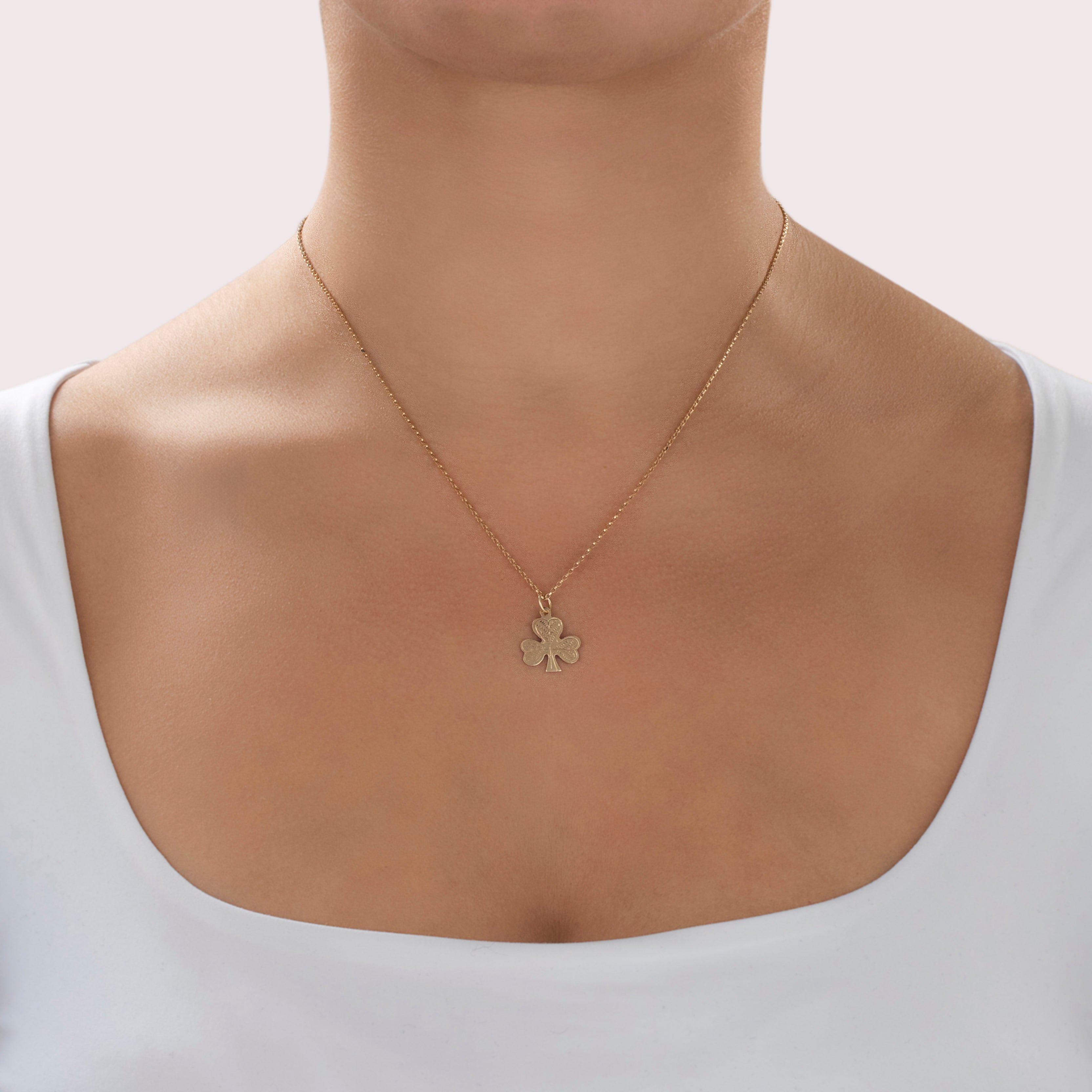 Vintage Irish 9k Rosy Yellow Gold Textured Shamrock Charm / Pendant - On model view