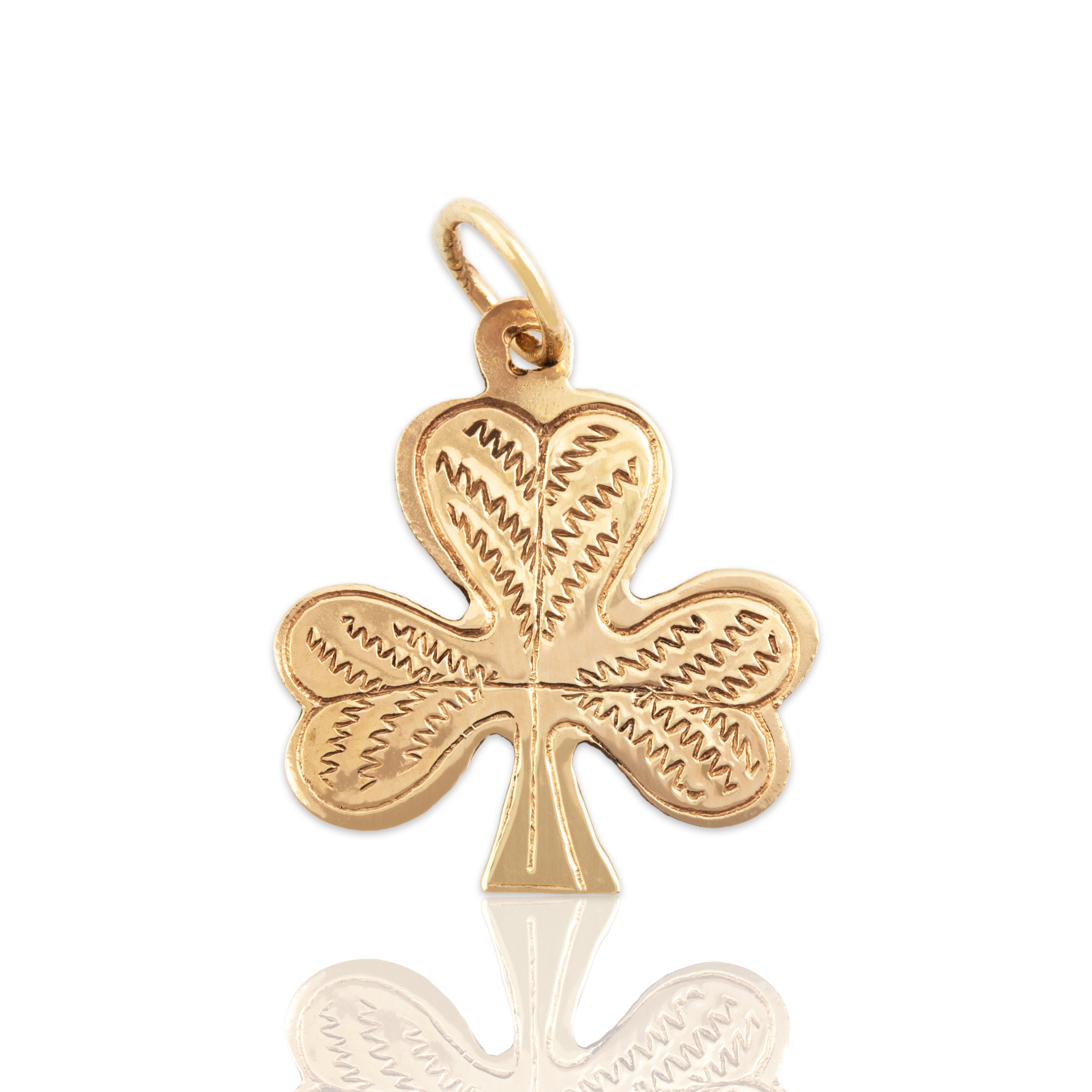Vintage Irish 9k Rosy Yellow Gold Textured Shamrock Charm / Pendant - Close-up view