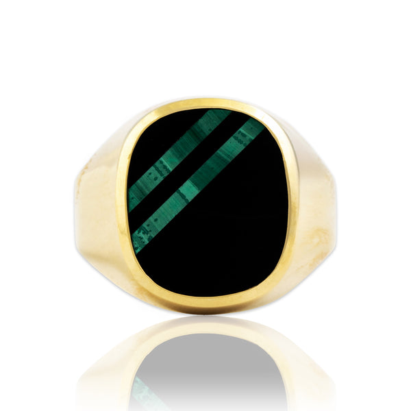 Vintage Dutch 14k Yellow Gold Onyx Malachite Modern Inlay Signet Ring 11.75