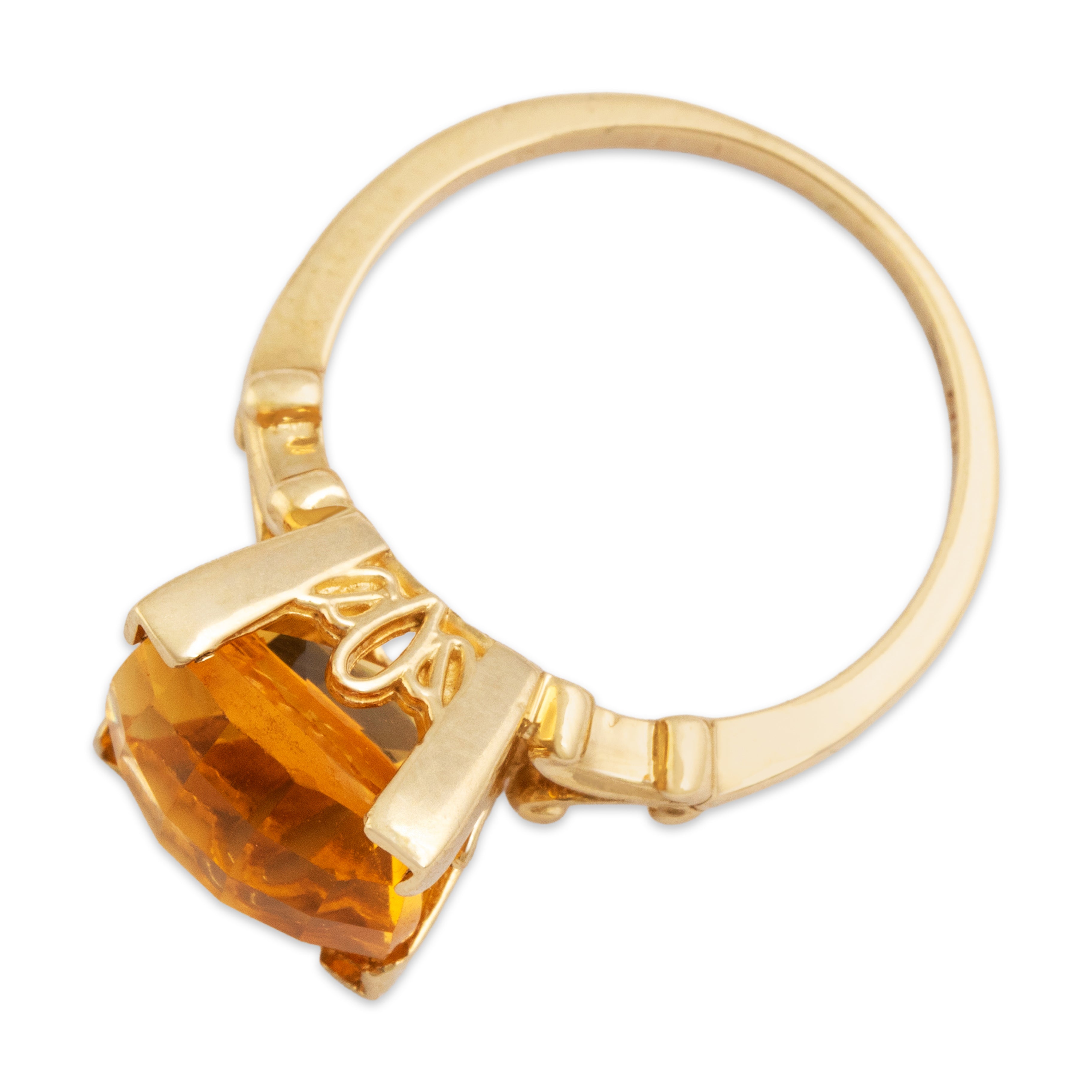 Vintage 14k Yellow Gold 4.5ct Citrine Fabulous Checkerboard Cushion Ring - Overall view