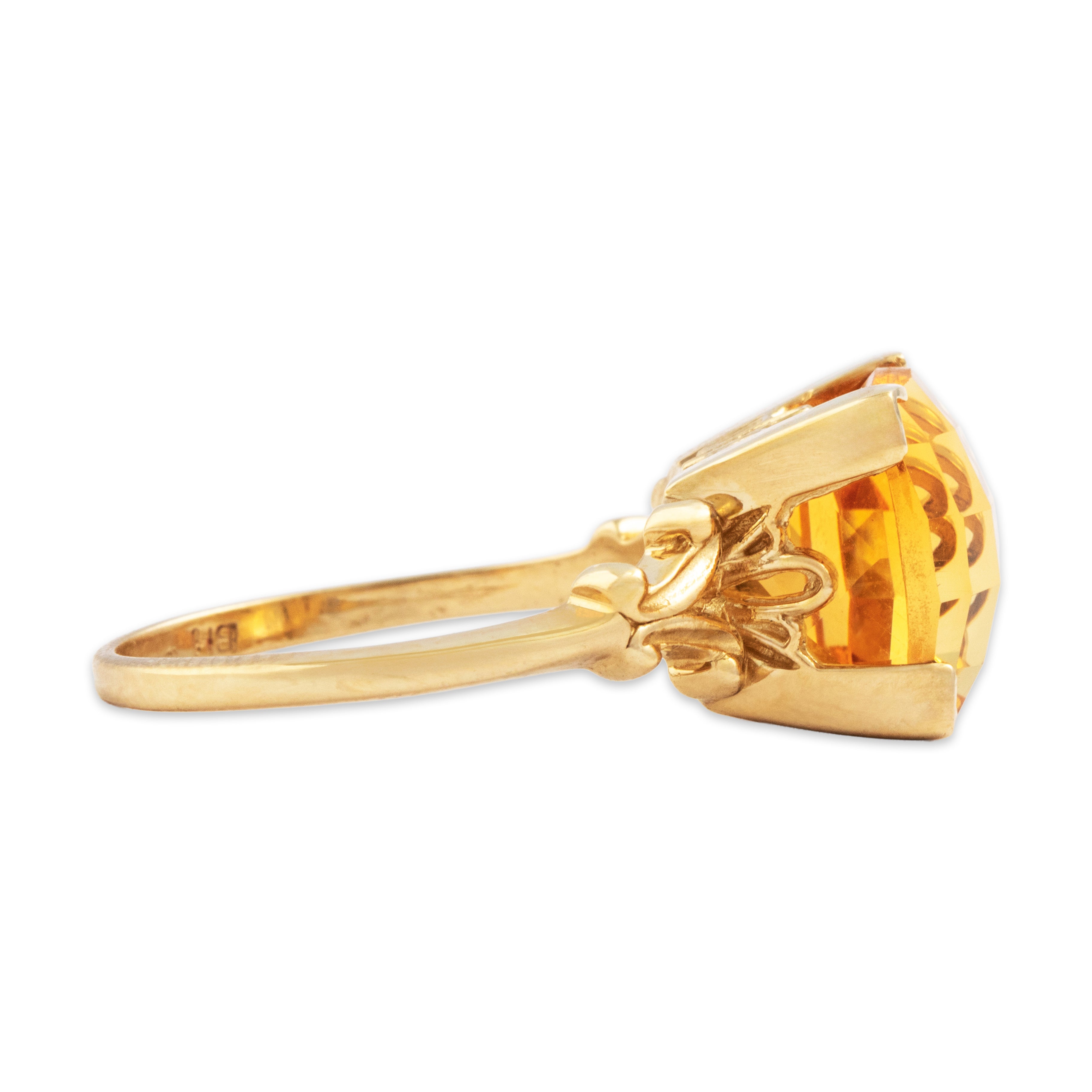 Vintage 14k Yellow Gold 4.5ct Citrine Fabulous Checkerboard Cushion Ring - Side view