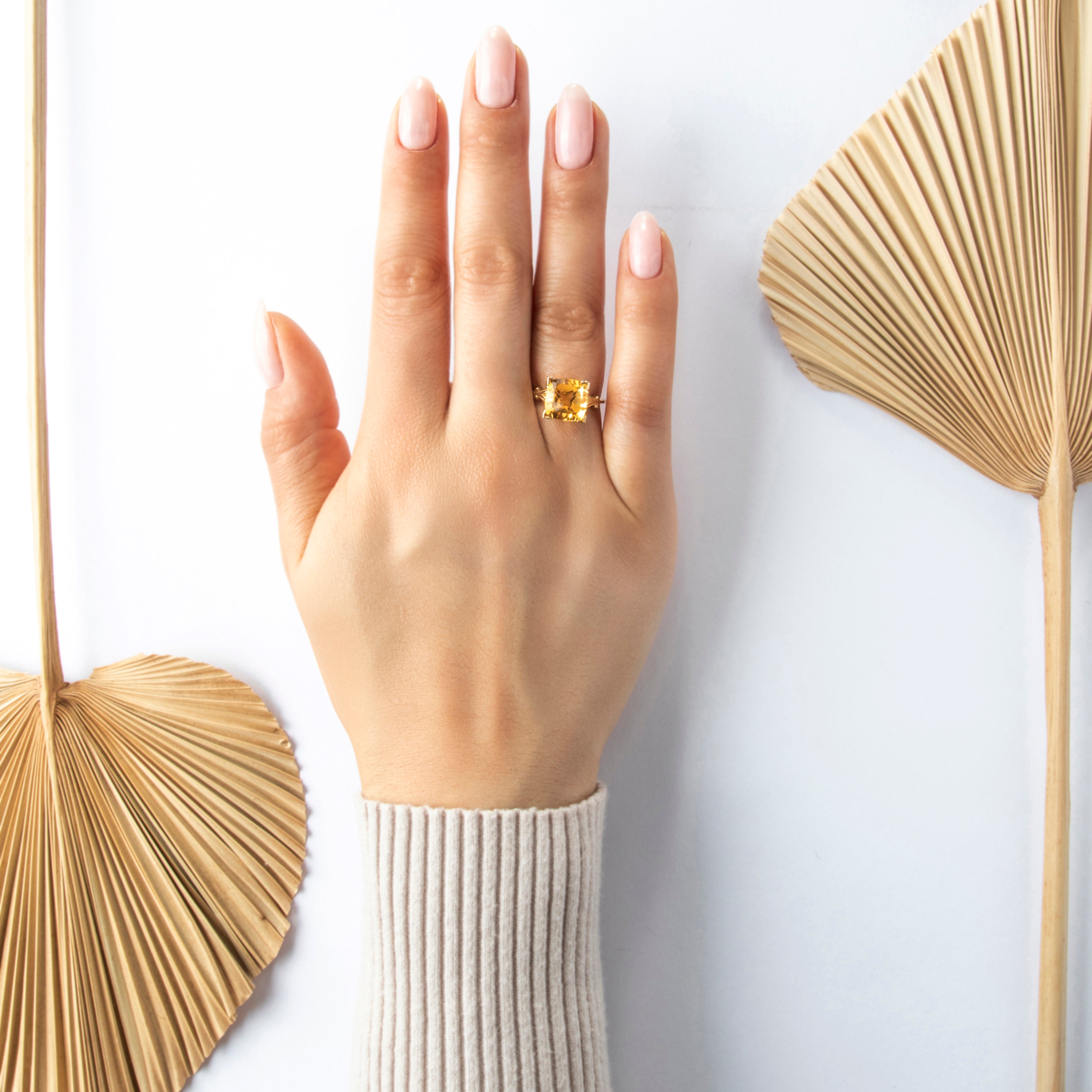 Vintage 14k Yellow Gold 4.5ct Citrine Fabulous Checkerboard Cushion Ring - On model view