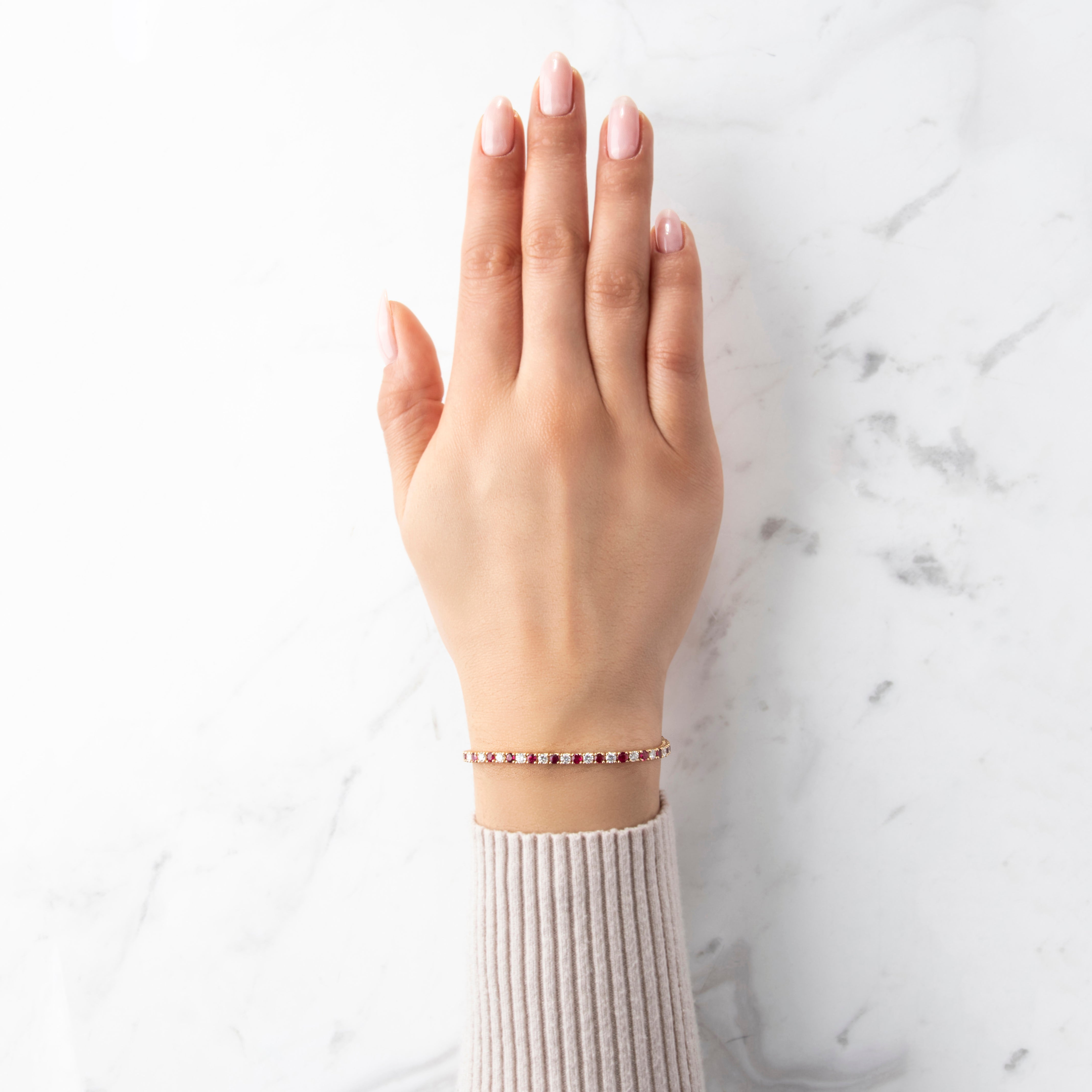 Estate 14k Yellow Gold 2.2cttw Ruby 2.146cttw Diamond Exceptional Tennis Bracelet - On model view