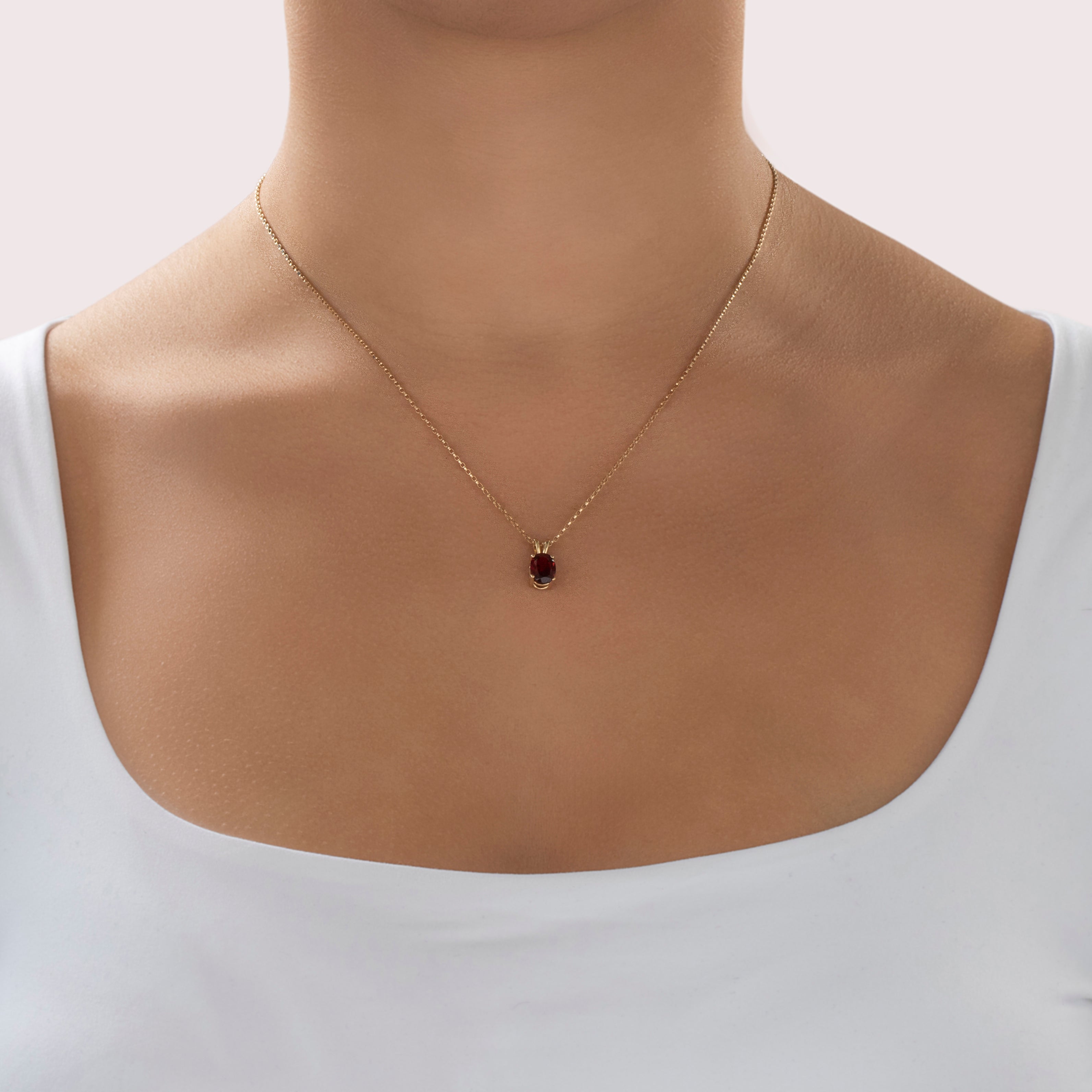 Vintage Small 14k Yellow Gold 1.7ct Garnet Elegant Oval Pendant - On model view