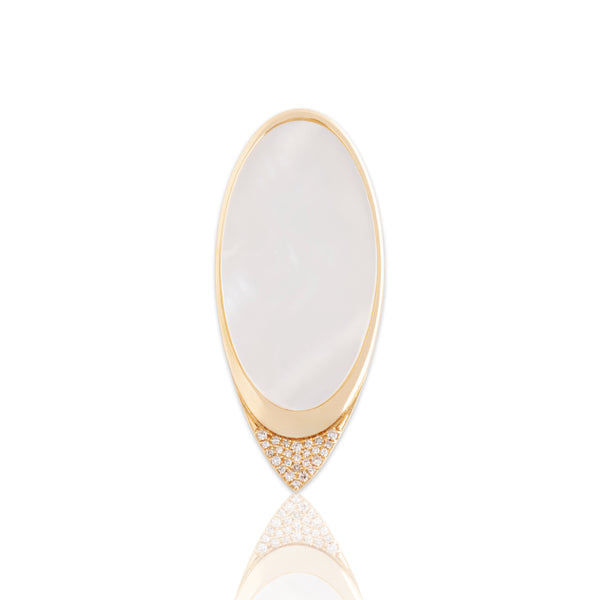 Vintage Large 14k Yellow Gold Mother of Pearl Diamond Elegant Navette Pendant