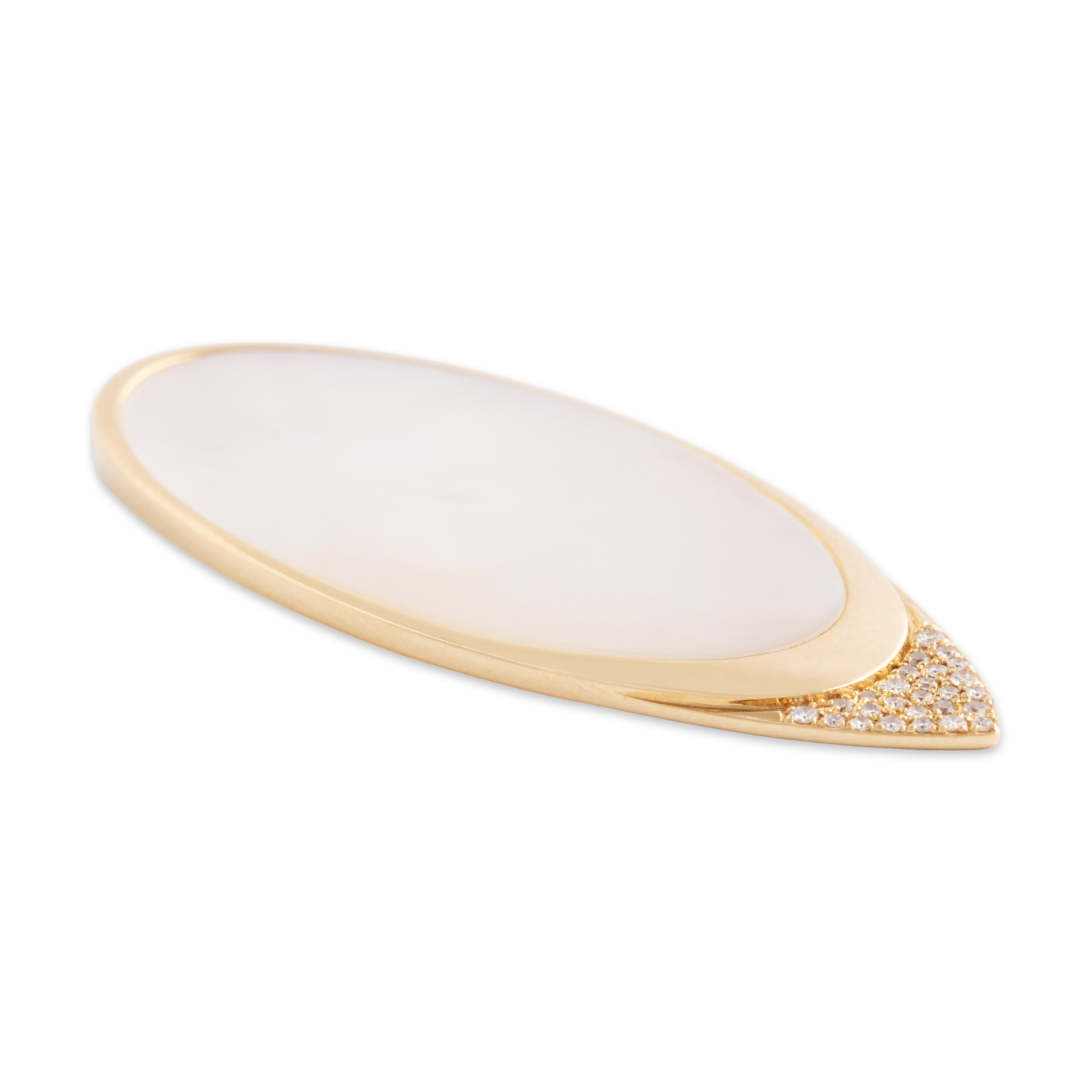 Vintage Large 14k Yellow Gold Mother of Pearl Diamond Elegant Navette Pendant - Side view