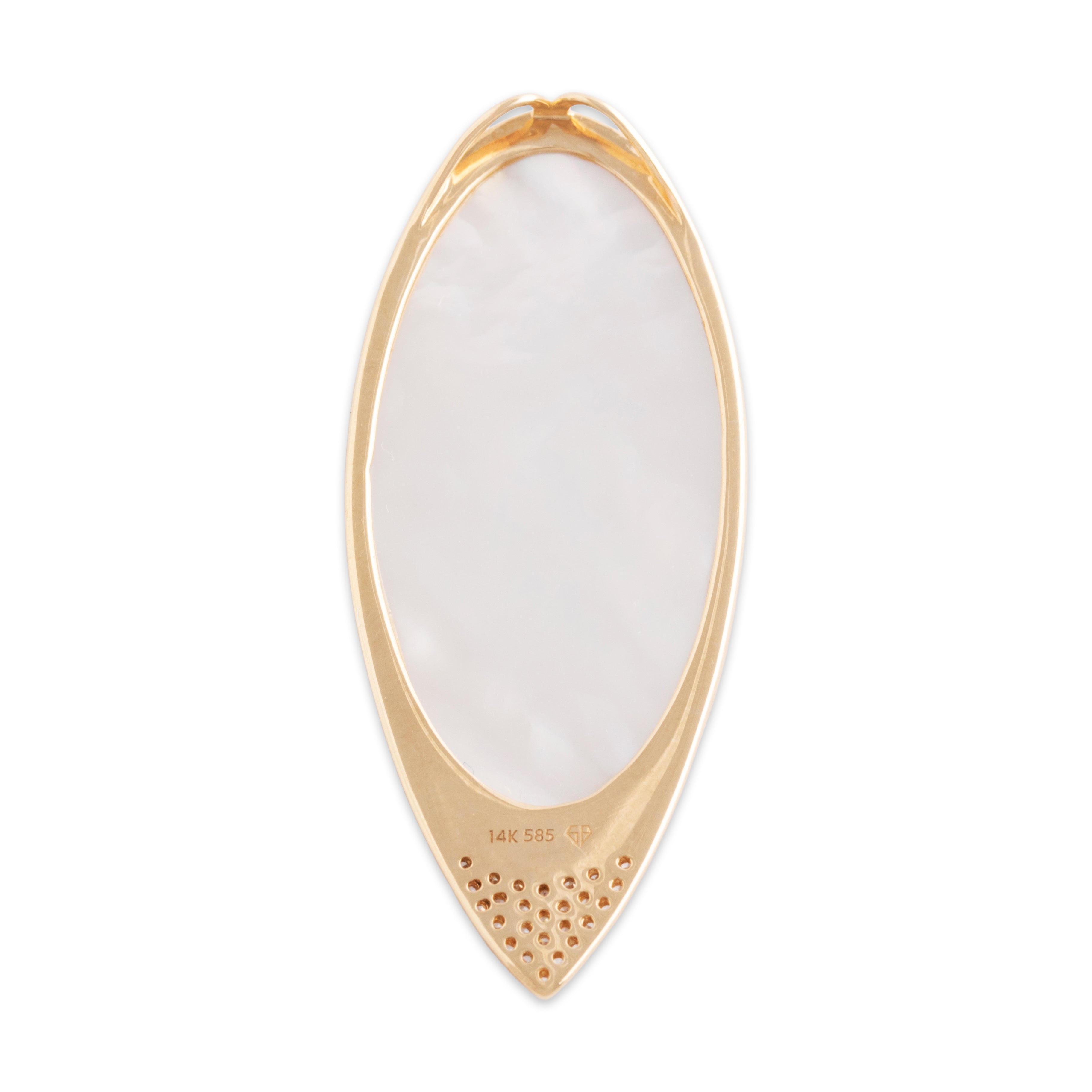 Vintage Large 14k Yellow Gold Mother of Pearl Diamond Elegant Navette Pendant - Back view