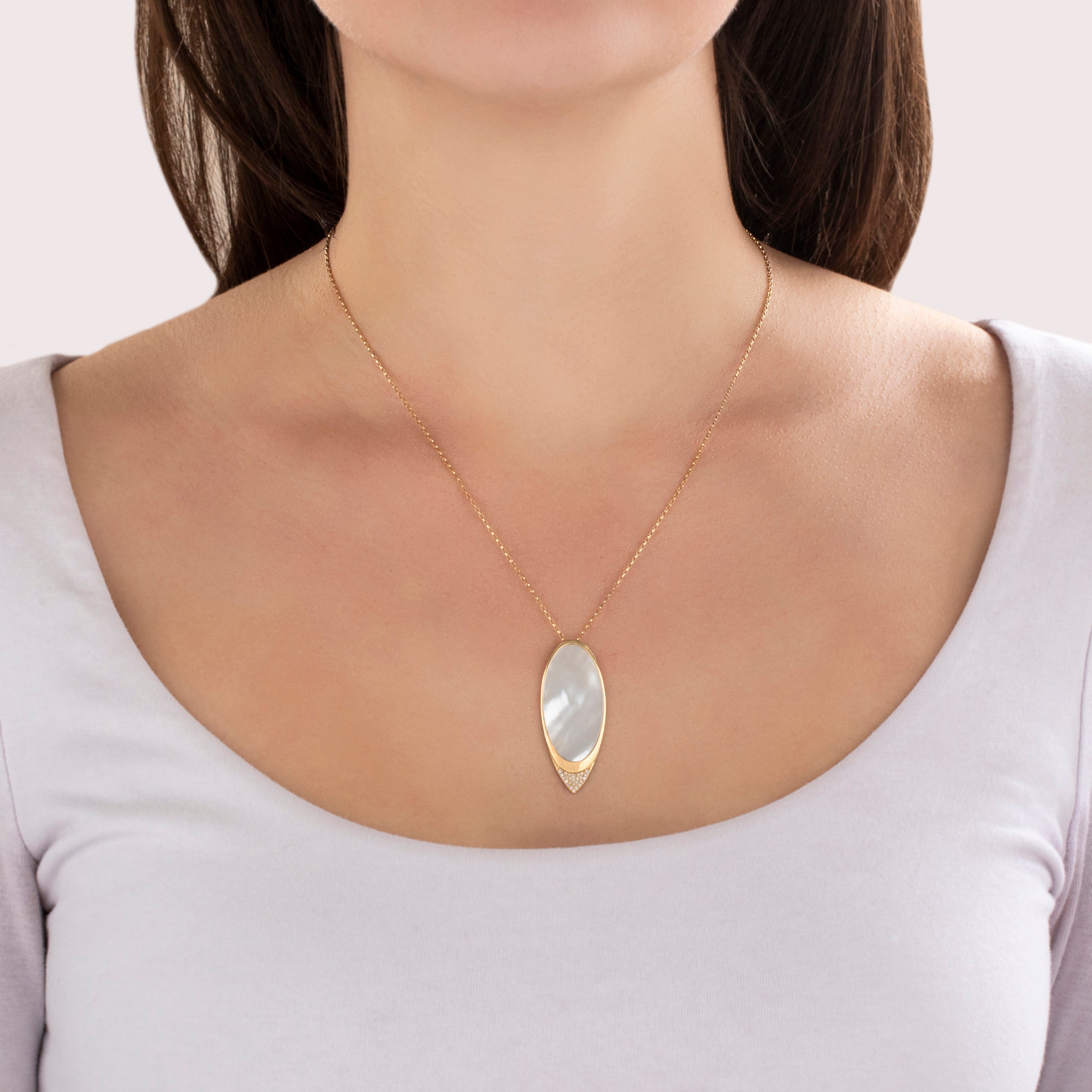 Vintage Large 14k Yellow Gold Mother of Pearl Diamond Elegant Navette Pendant - On model view