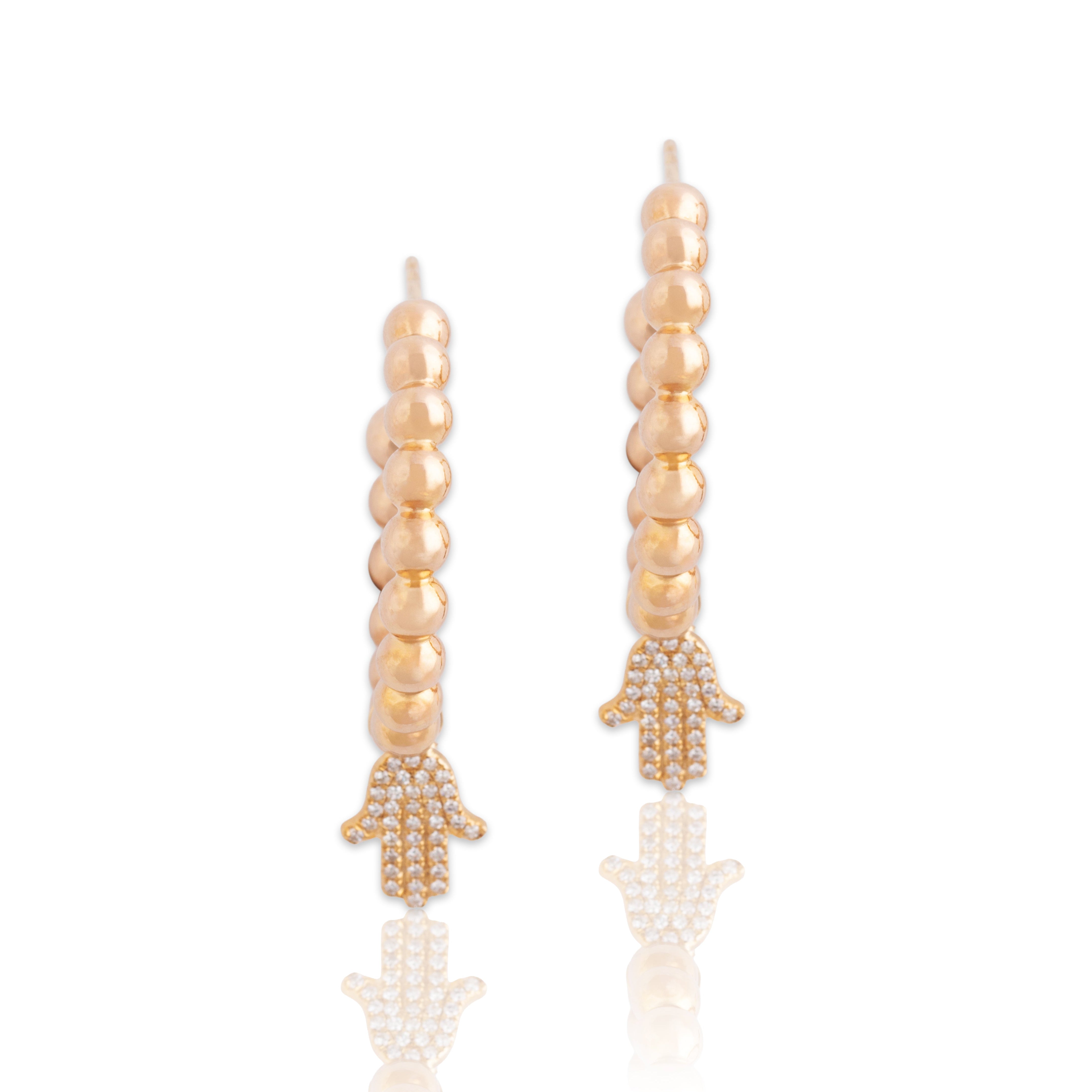 Estate 14k Yellow Gold Diamond Pavé Hamsa Bubble Hoop Earrings - Close-up view