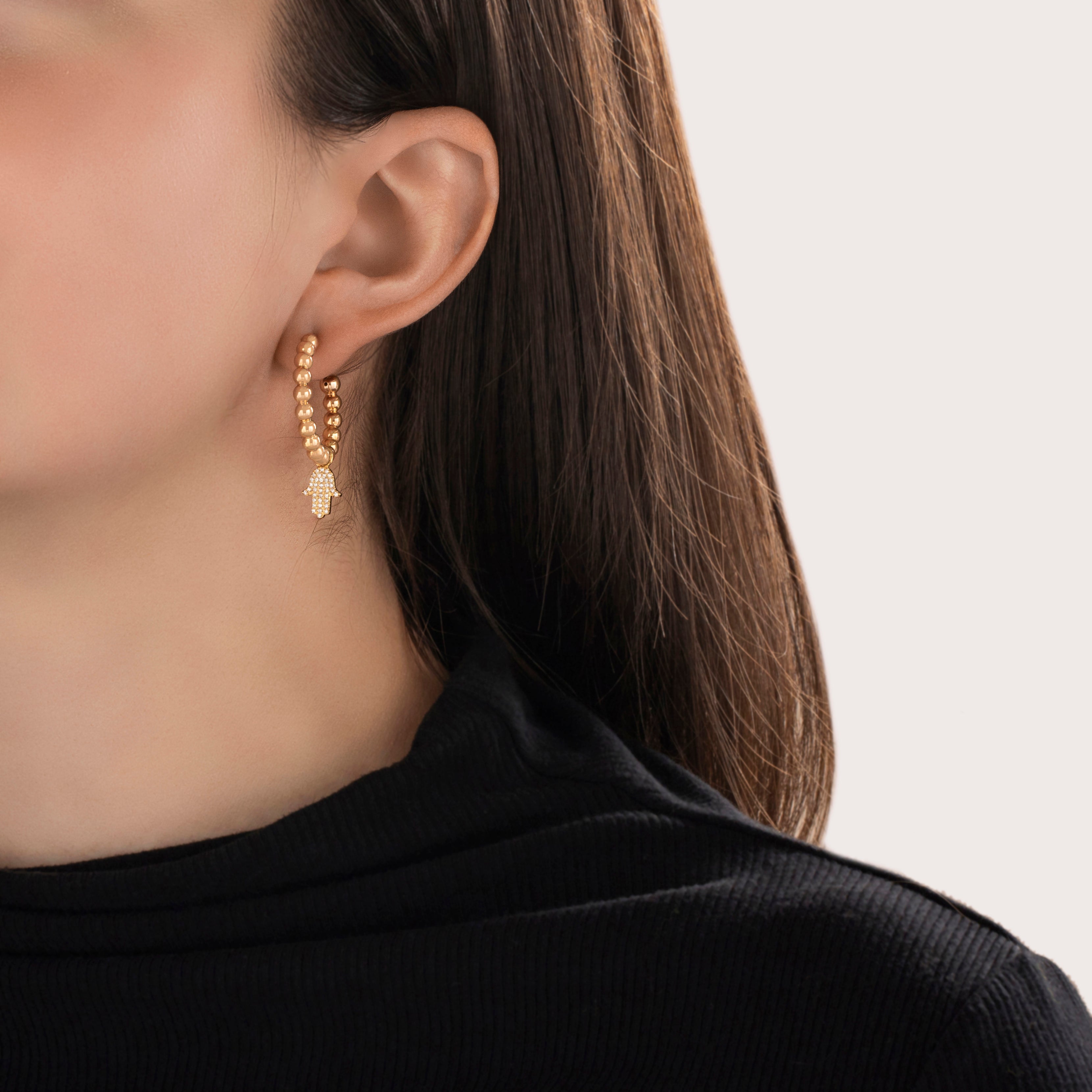 Estate 14k Yellow Gold Diamond Pavé Hamsa Bubble Hoop Earrings - On model view