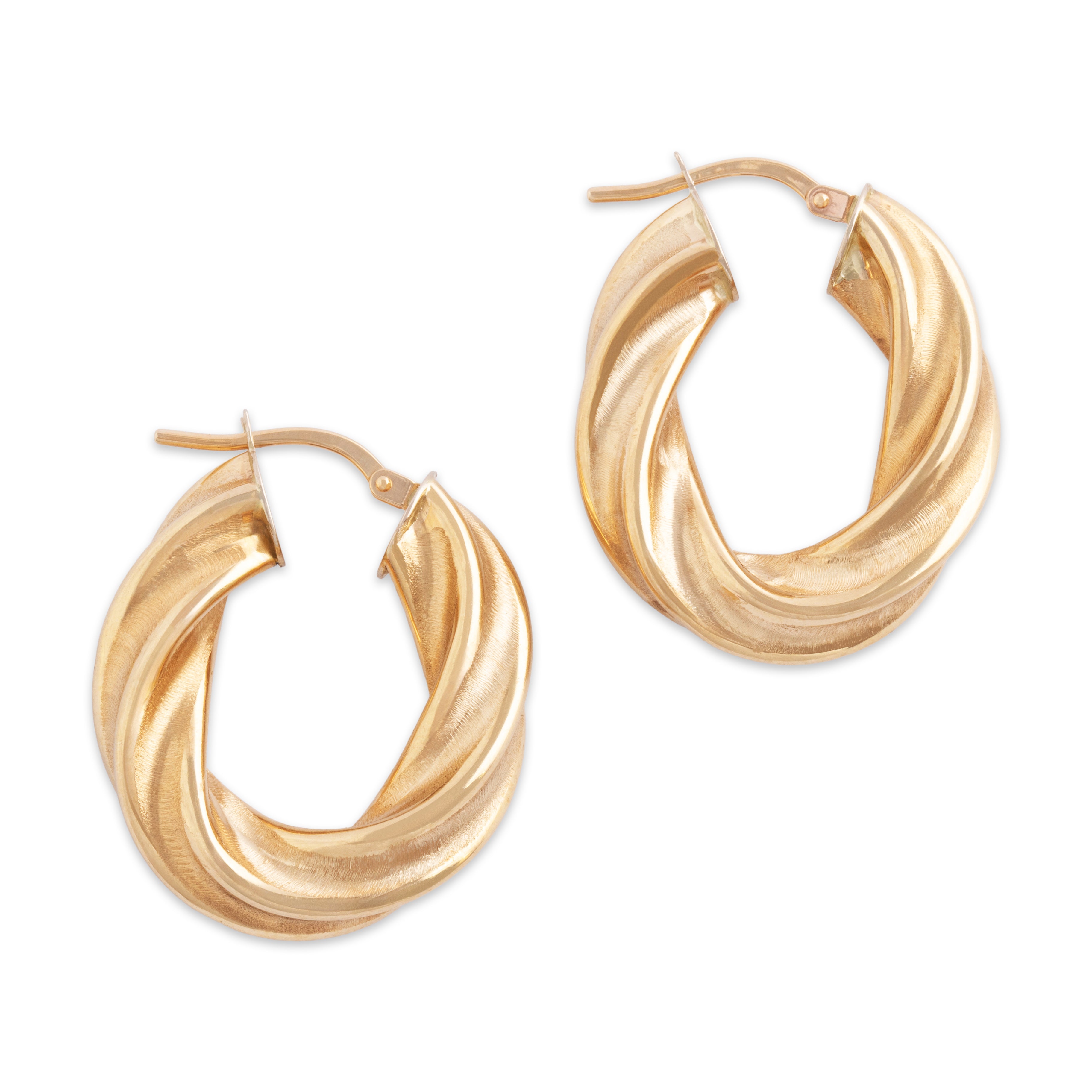 Vintage Italian Lightweight 14k Yellow Gold Brushed Twisted Hoop Earrings - Overall view