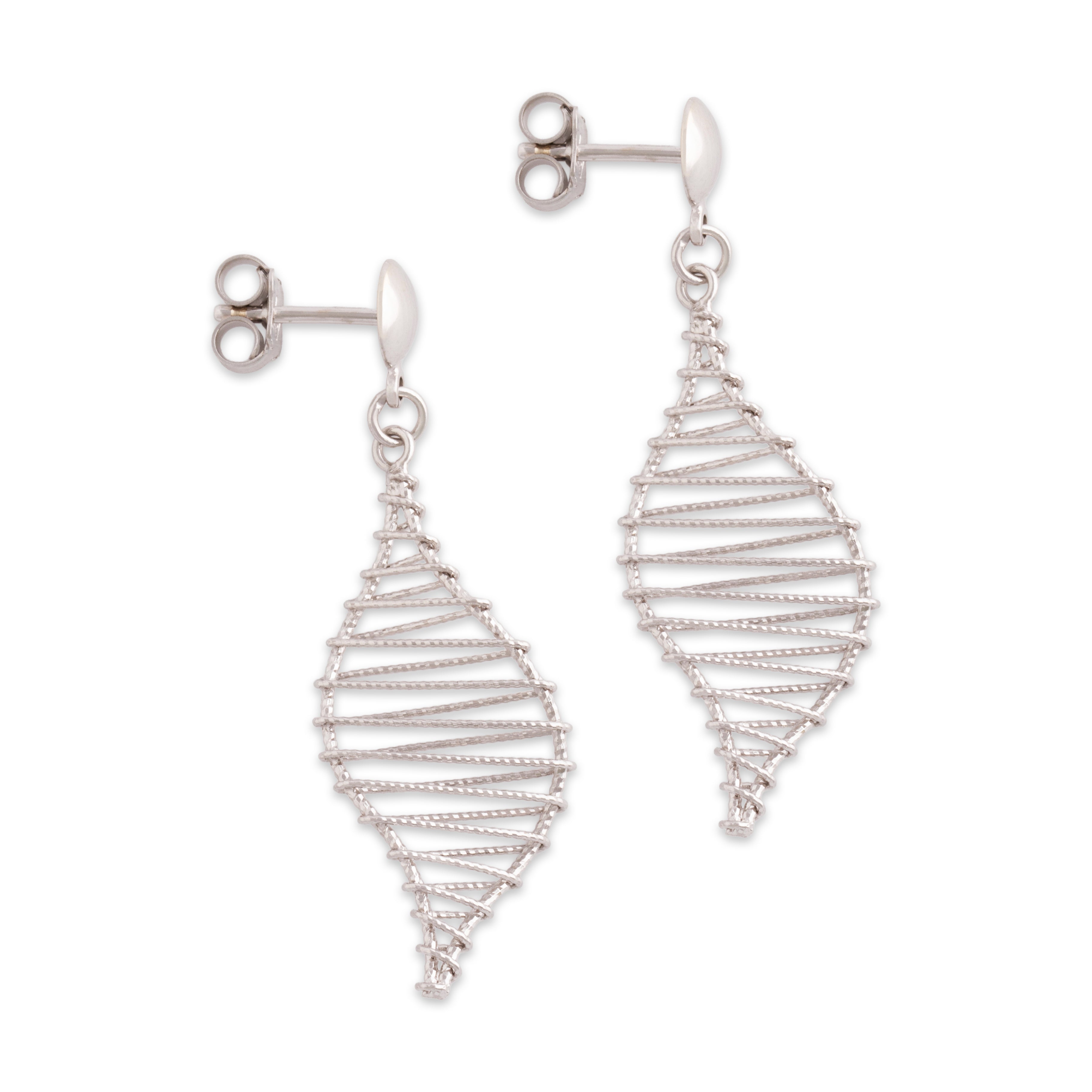 Vintage 18k White Gold Sculptural Wire Leaf Dangle Earrings -Side view