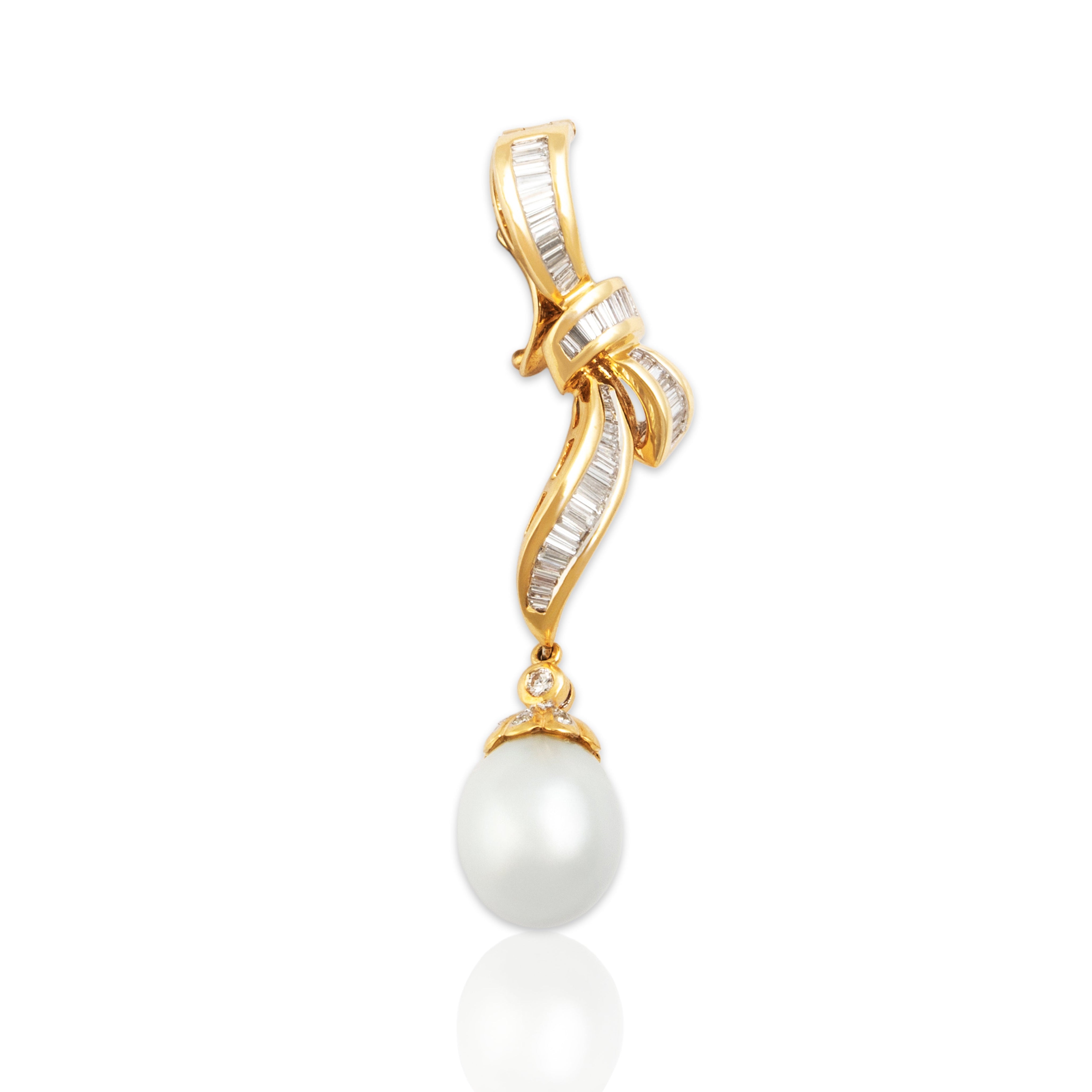 Vintage Large 18k & 14k Yellow Gold Pearl 1.551cttw Diamond Ribbon Drop Pendant - Close-up view