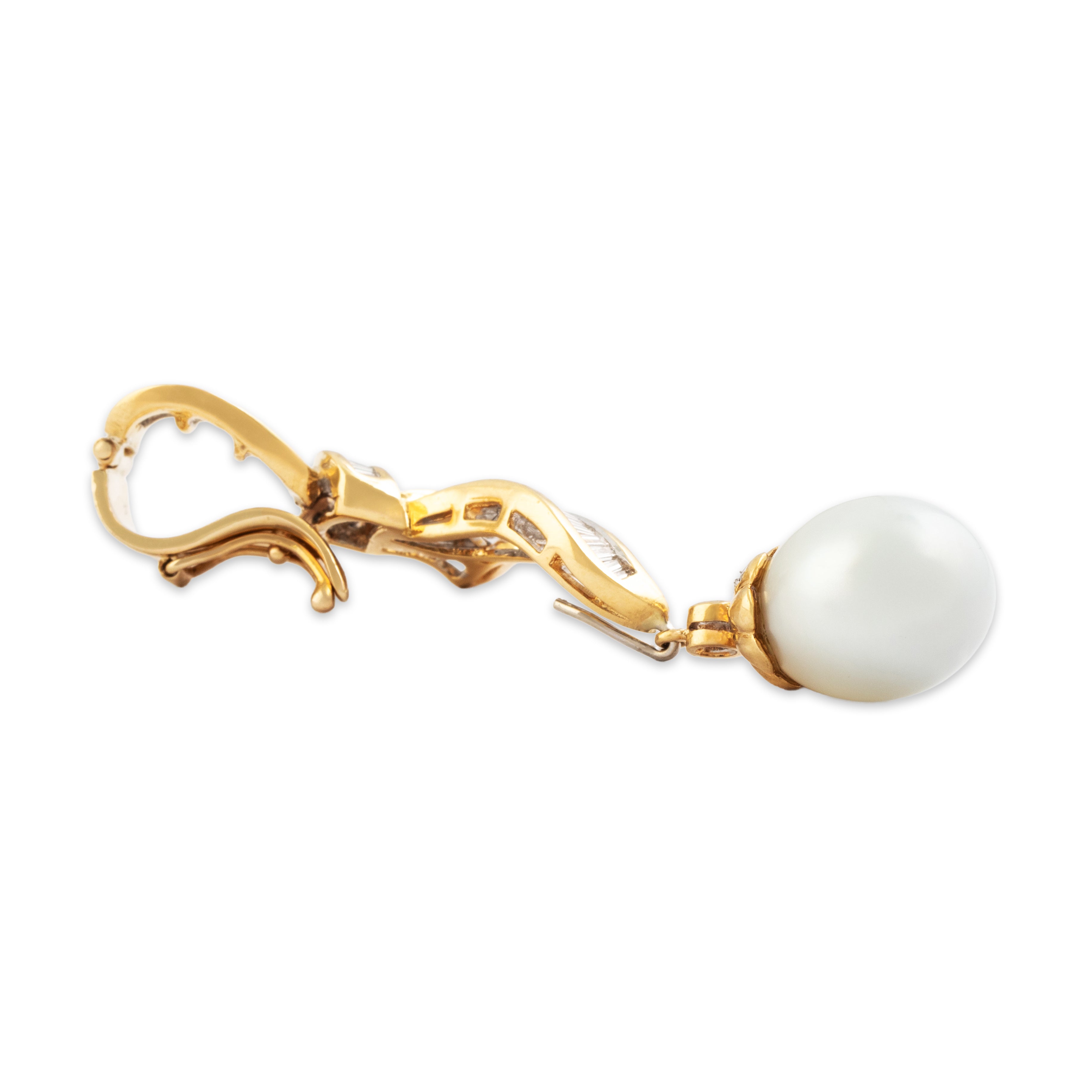 Vintage Large 18k & 14k Yellow Gold Pearl 1.551cttw Diamond Ribbon Drop Pendant - Side view