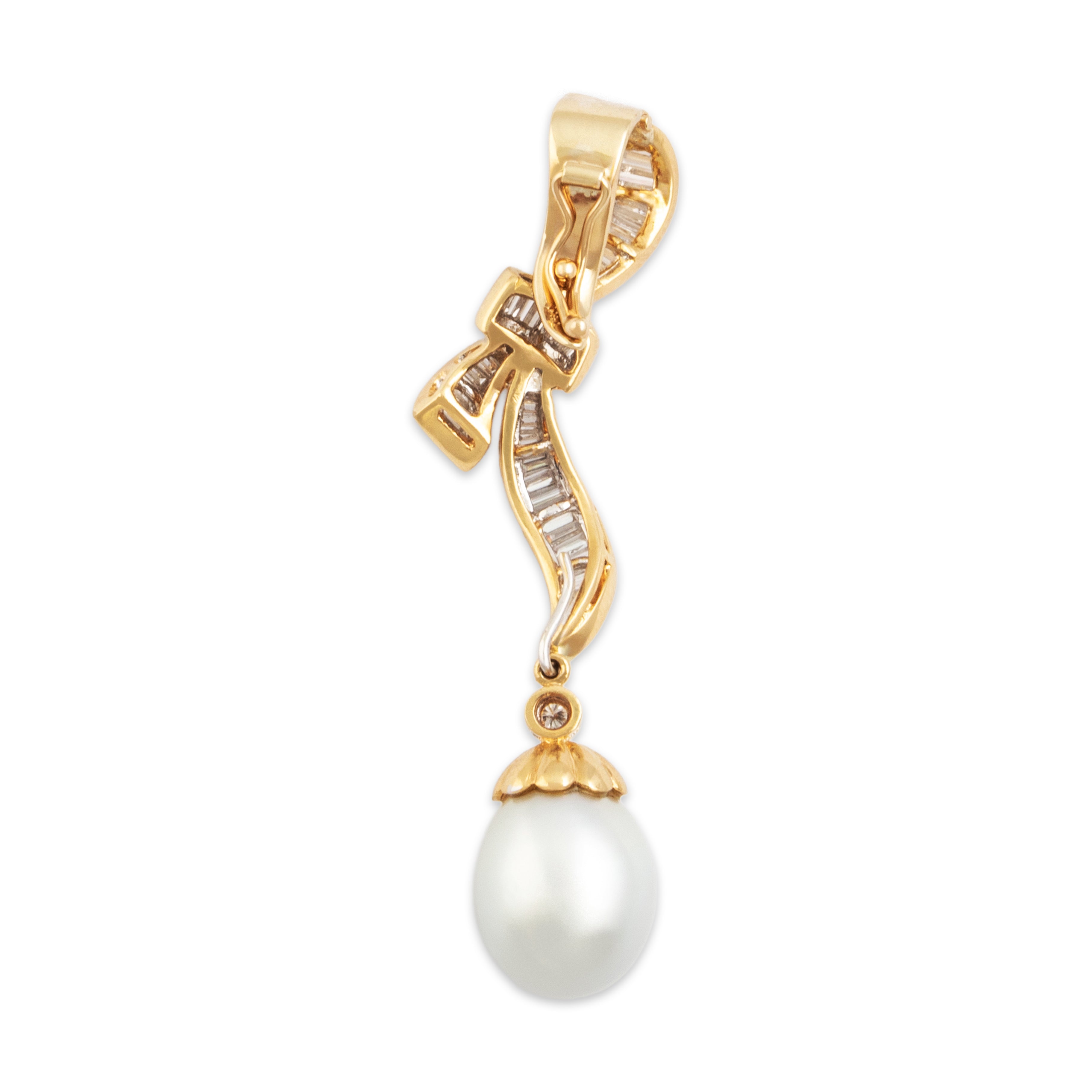 Vintage Large 18k & 14k Yellow Gold Pearl 1.551cttw Diamond Ribbon Drop Pendant - Back view