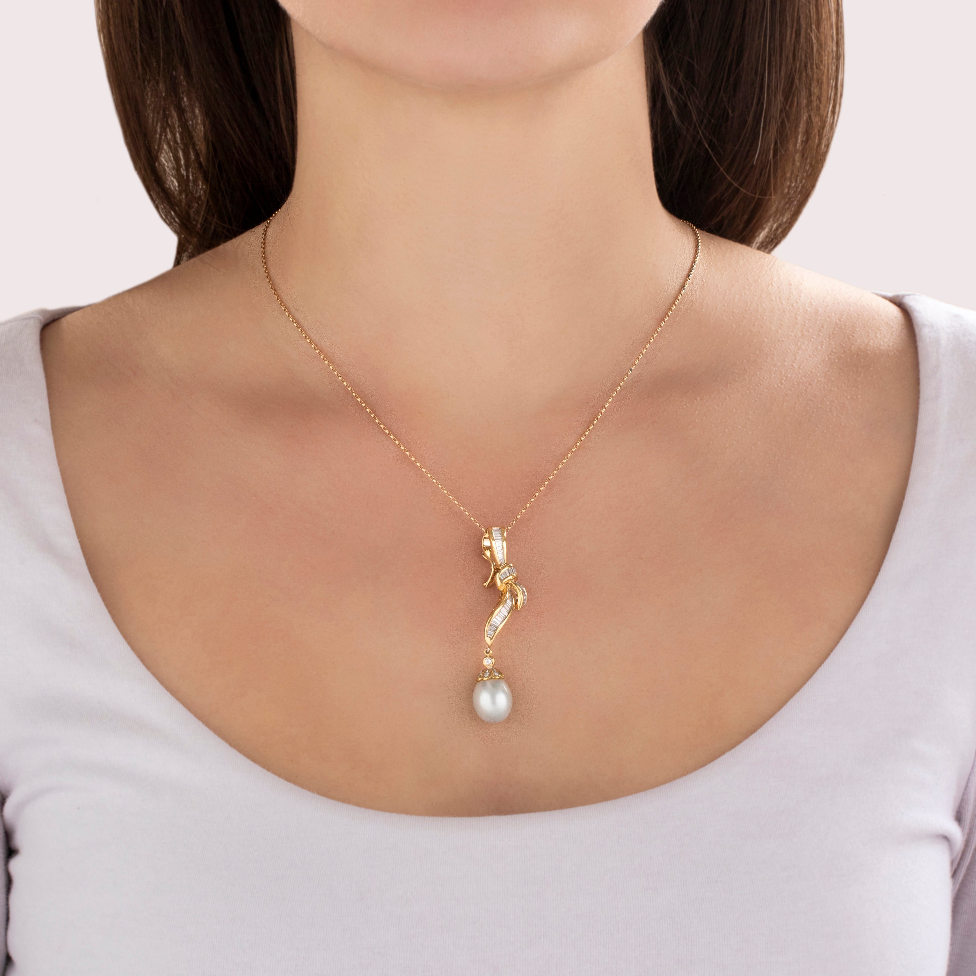 Vintage Large 18k & 14k Yellow Gold Pearl 1.551cttw Diamond Ribbon Drop Pendant - On model view