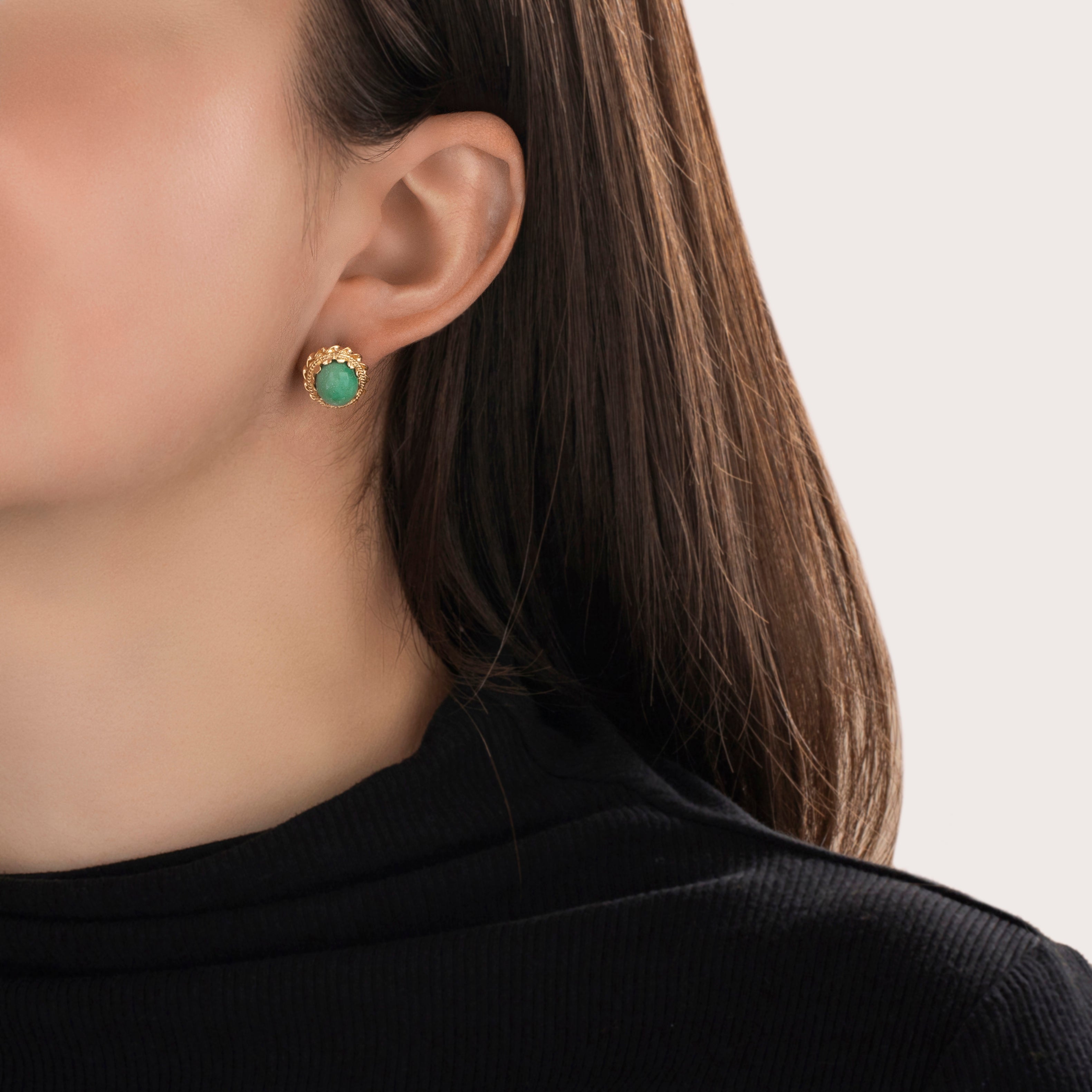 Vintage 14k Yellow Gold 4.7cttw Green Turquoise Lovely Rope Stud Earrings - On model view