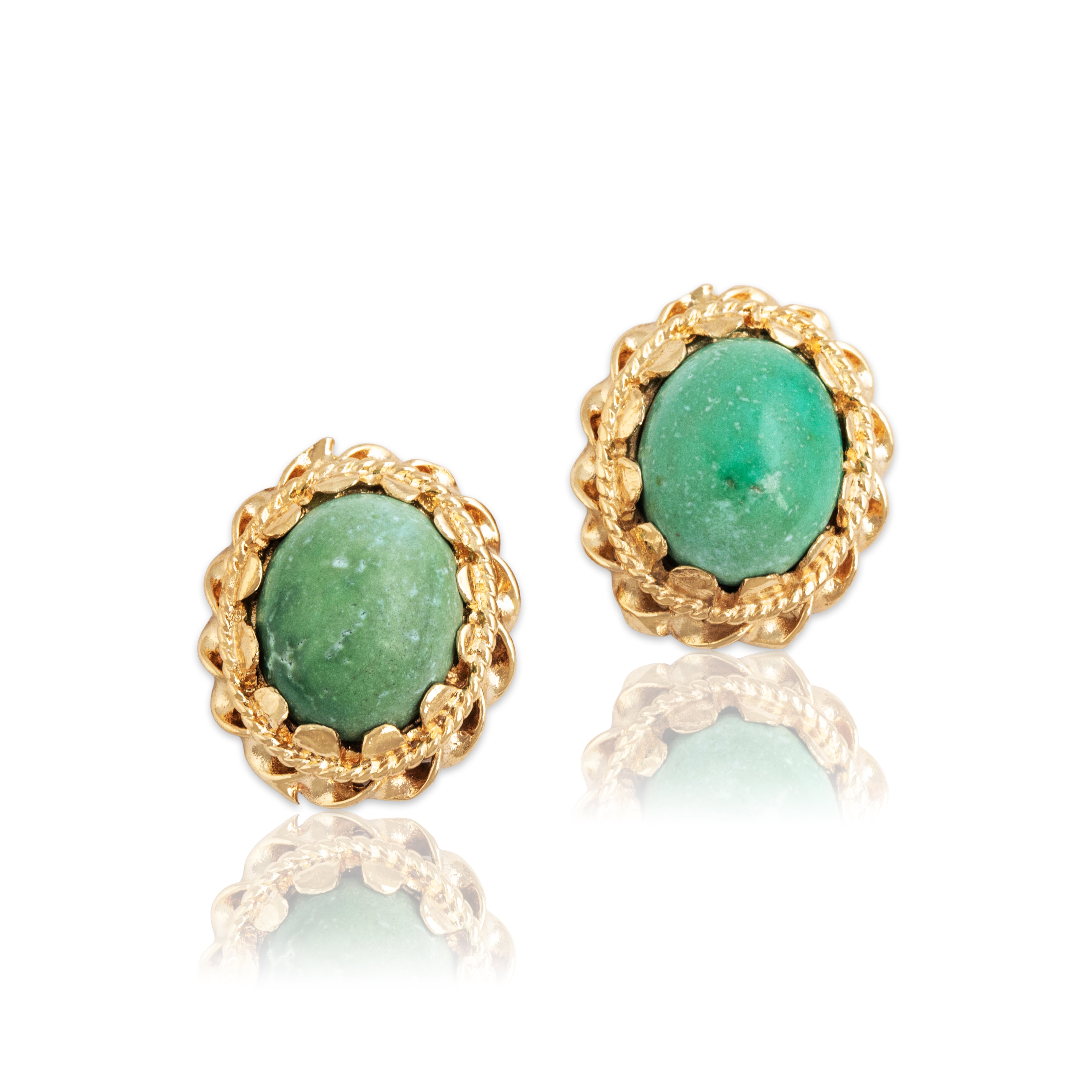 Vintage 14k Yellow Gold 4.7cttw Green Turquoise Lovely Rope Stud Earrings - Close-up view
