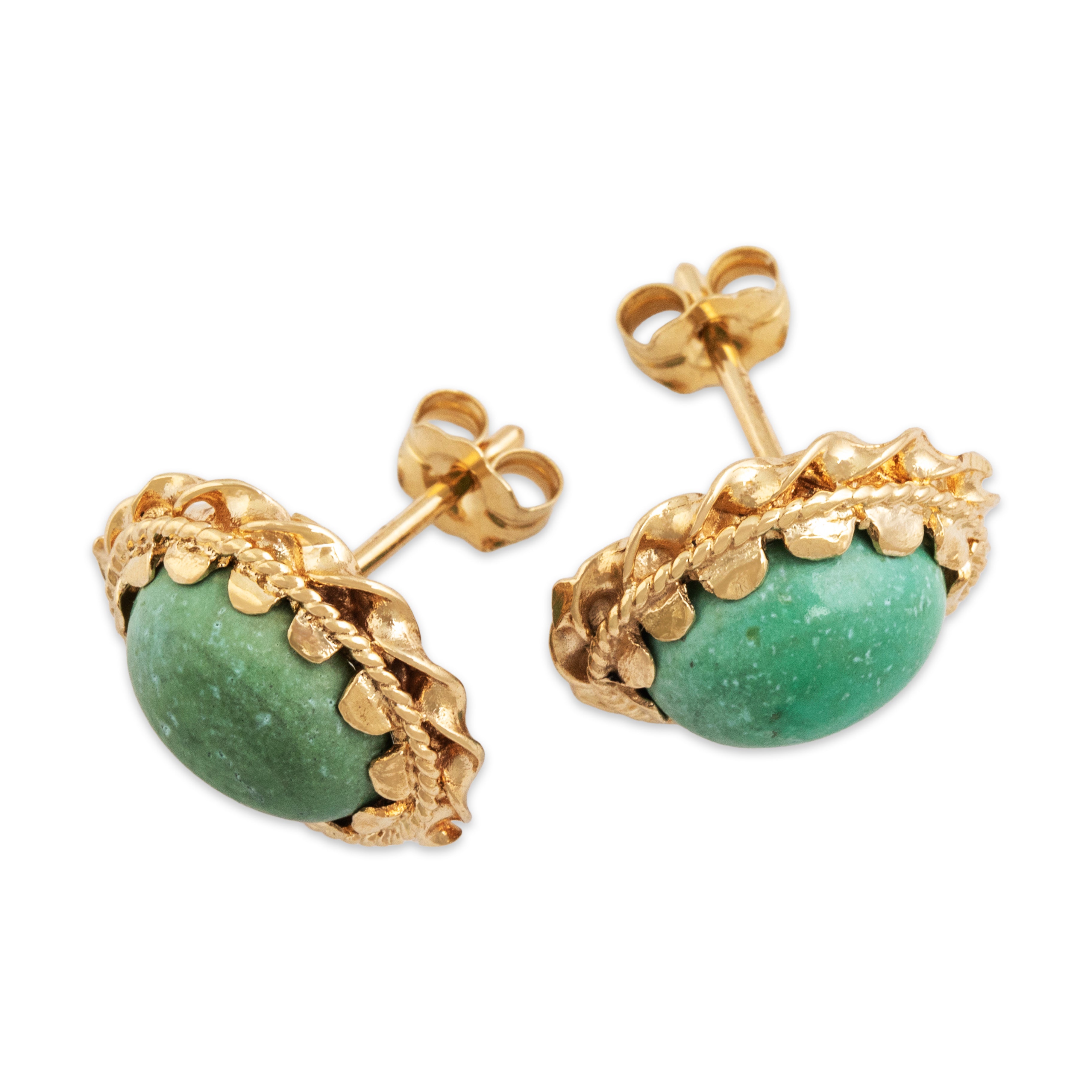 Vintage 14k Yellow Gold 4.7cttw Green Turquoise Lovely Rope Stud Earrings - Overall view