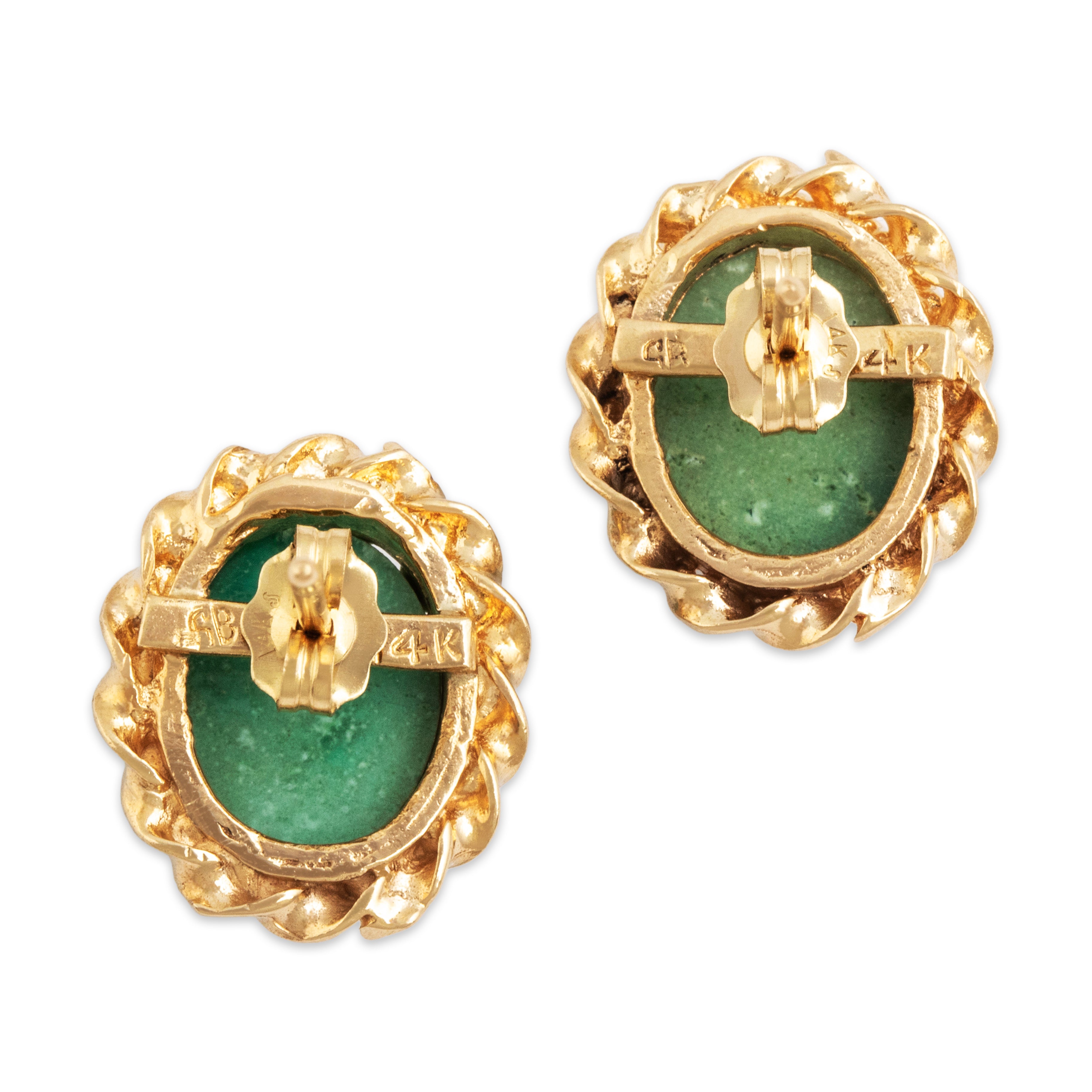 Vintage 14k Yellow Gold 4.7cttw Green Turquoise Lovely Rope Stud Earrings - Back view