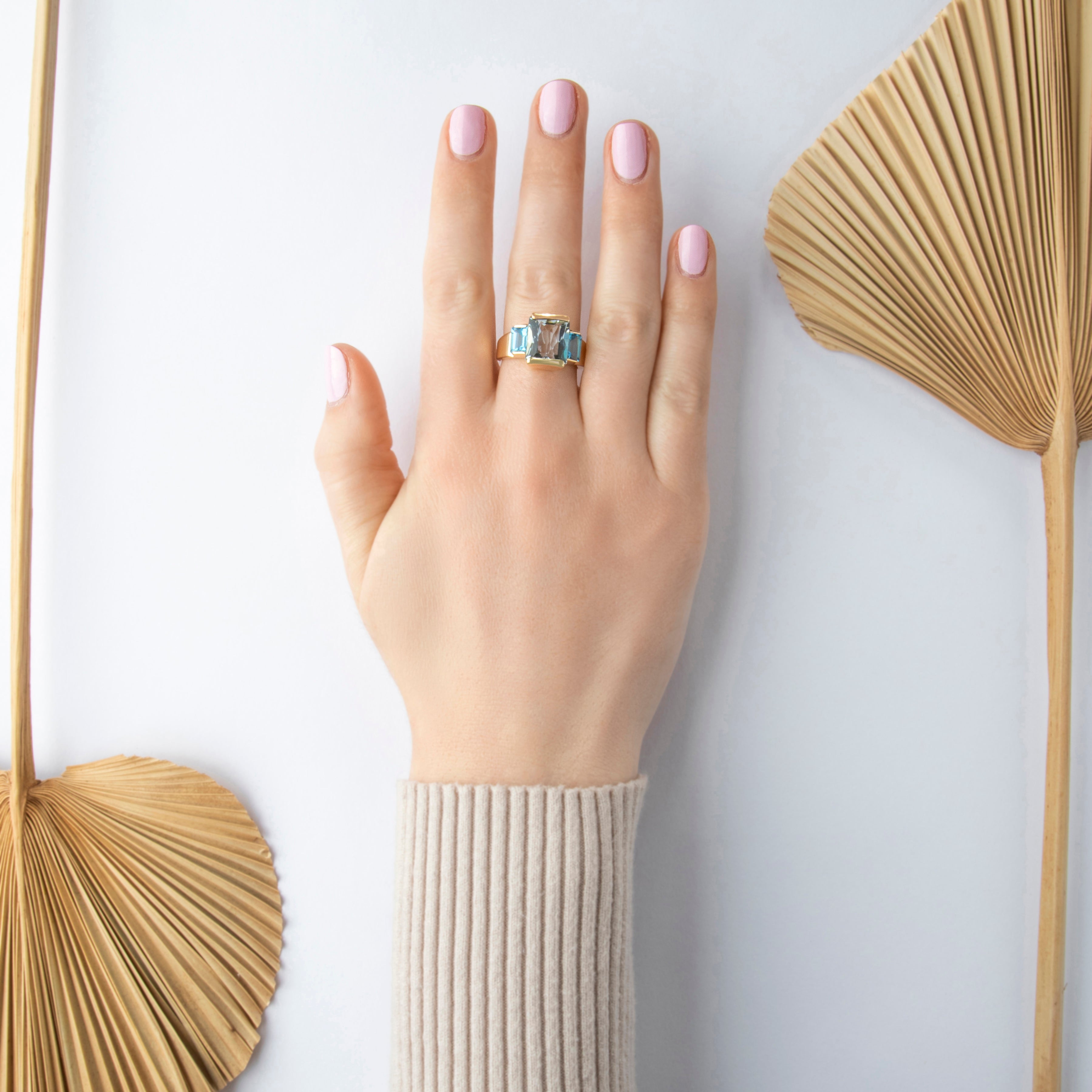 Vintage 10k Yellow Gold 4.3ct Aquamarine 2.3cttw Blue Topaz Azure Trio Ring - On model view