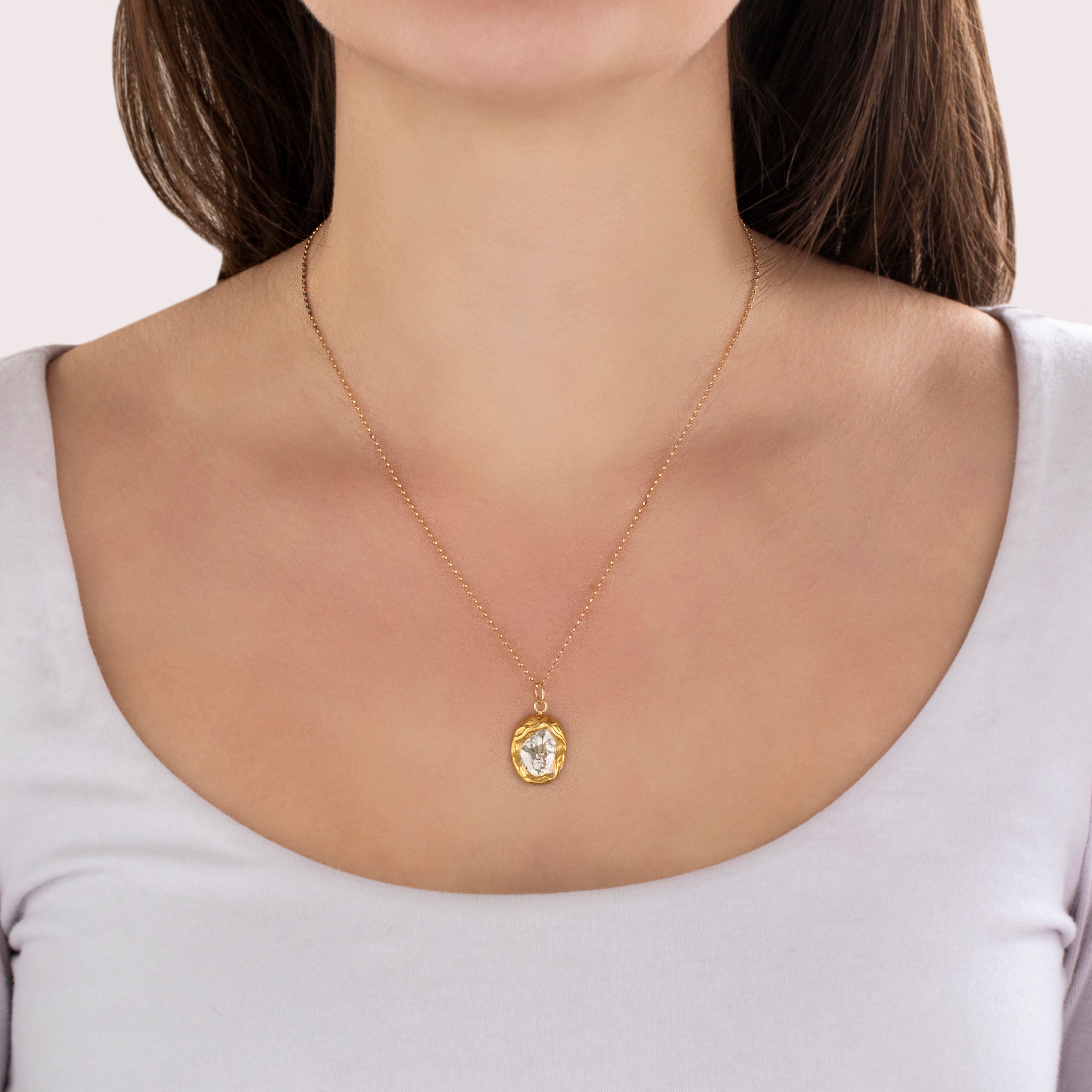 Antique Art Nouveau Heavy 18k Yellow Gold Platinum Incredible Lady Charm / Pendant - On model view