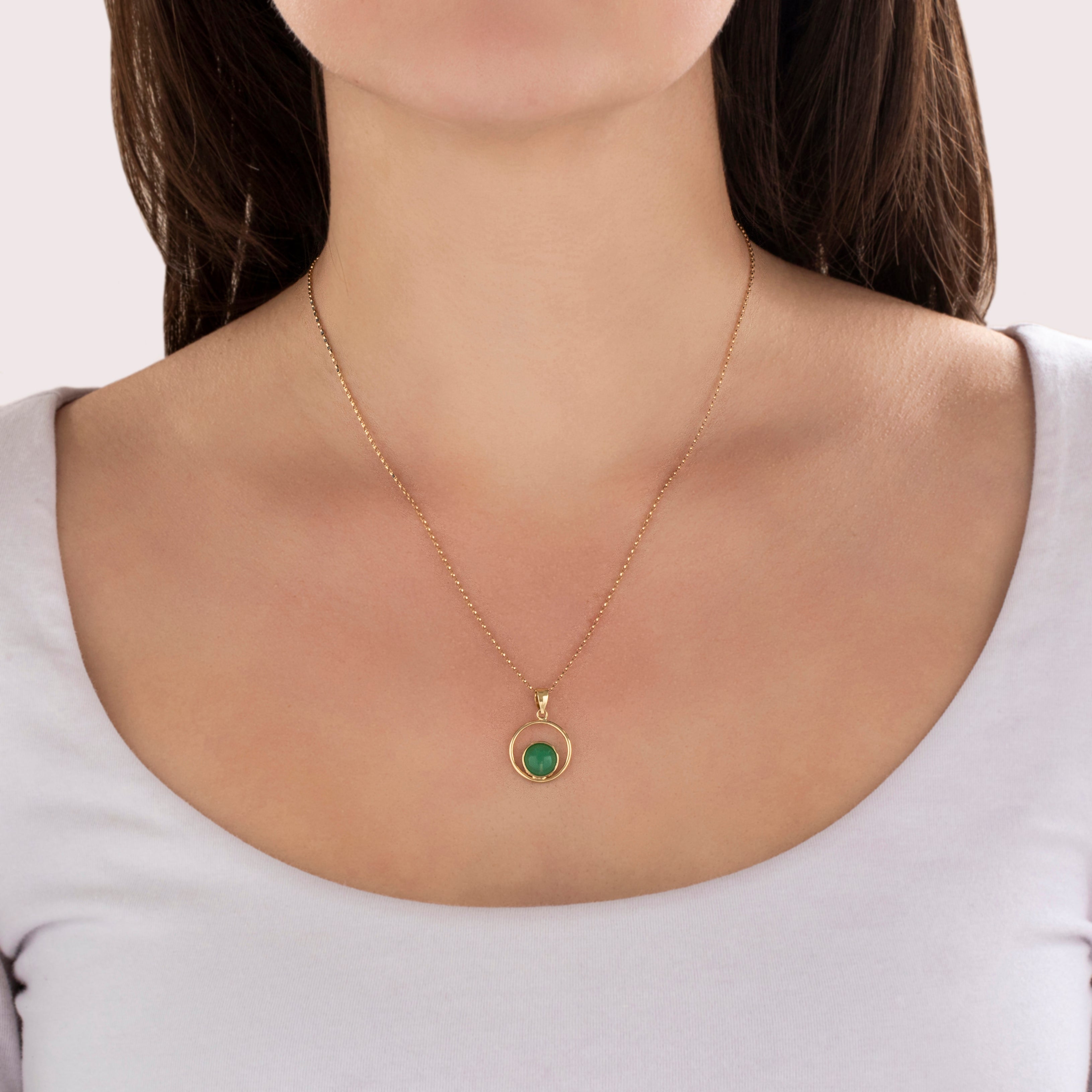 Vintage 14k Yellow Gold 1.2ct Chrysoprase Concentric Circle Pendant - On model view