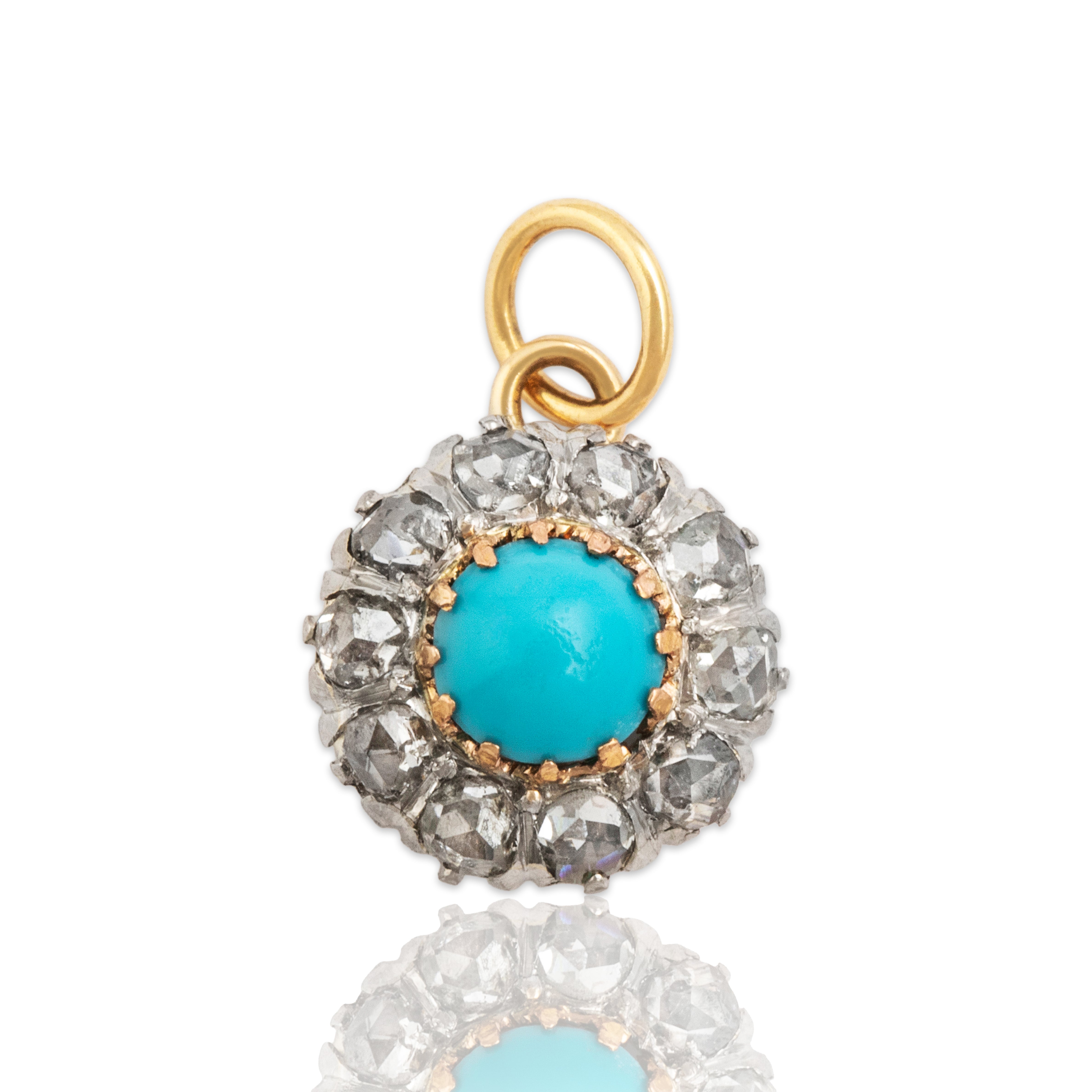 Antique 18k Yellow Gold & Platinum Turquoise Rose Cut Diamond Charm / Pendant - Close-up view