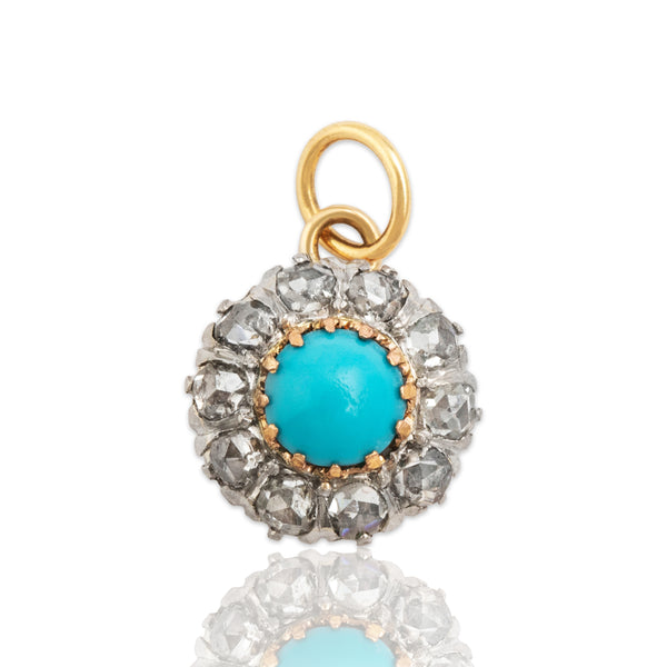 Antique 18k Yellow Gold & Platinum Turquoise Rose Cut Diamond Charm / Pendant