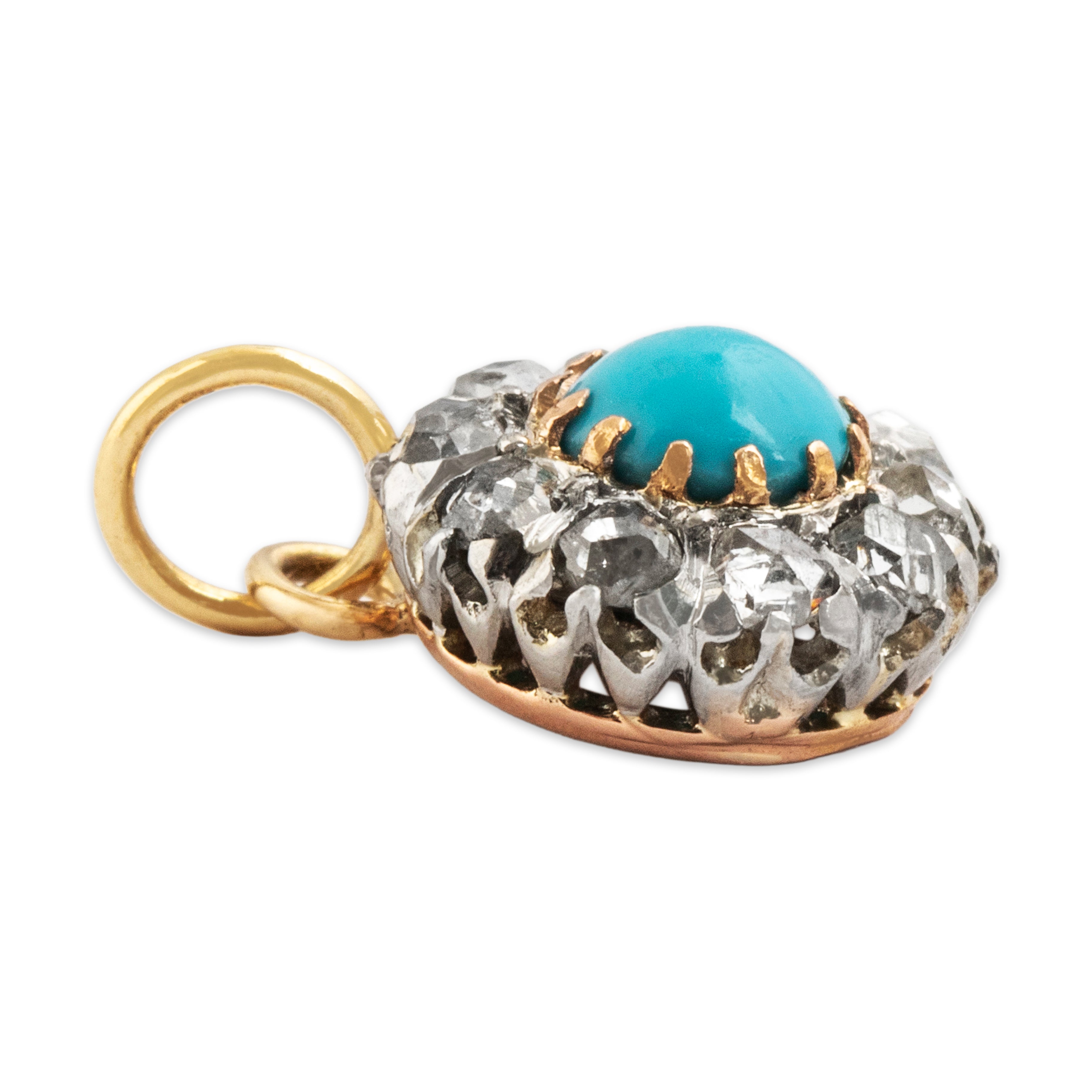Antique 18k Yellow Gold & Platinum Turquoise Rose Cut Diamond Charm / Pendant - Side view