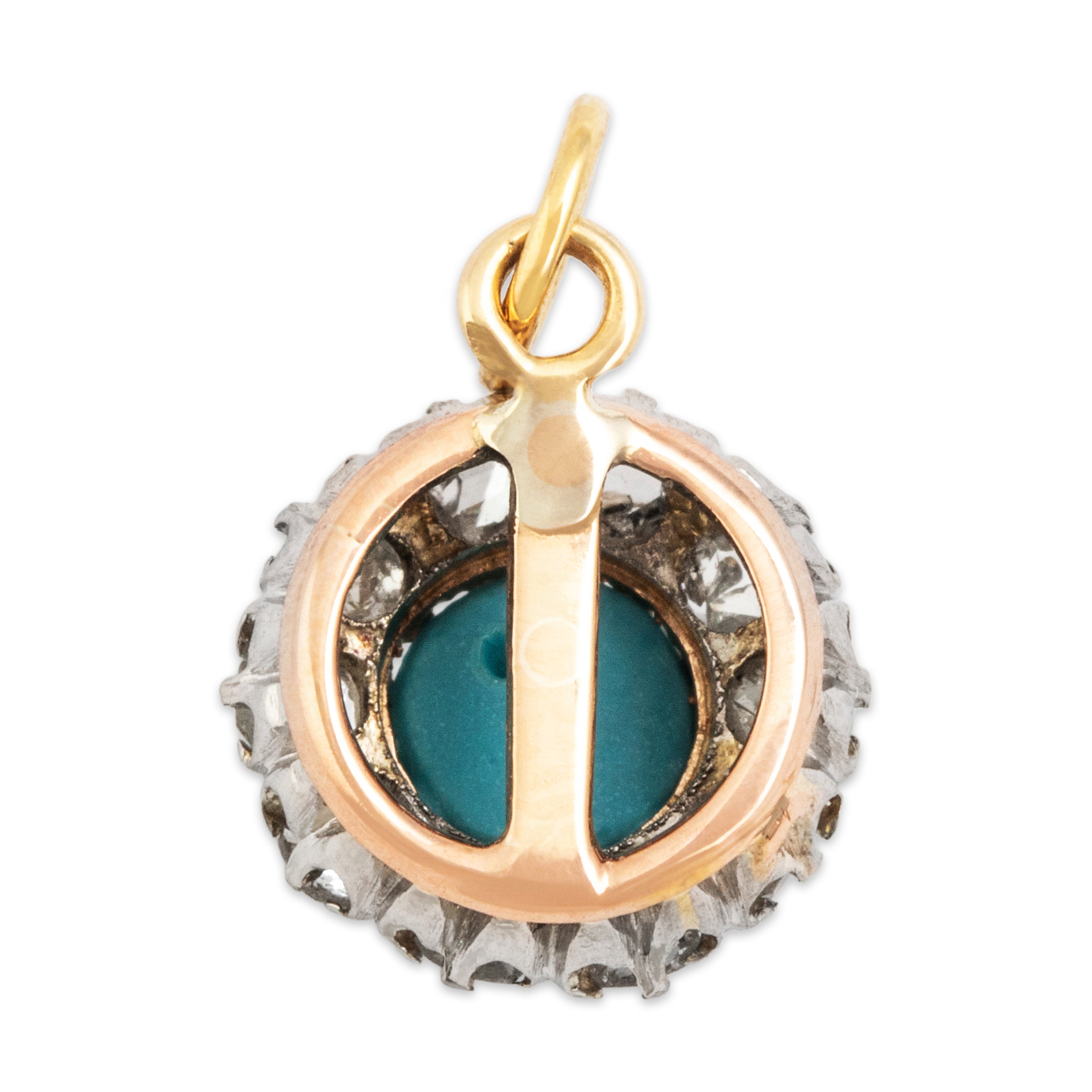 Antique 18k Yellow Gold & Platinum Turquoise Rose Cut Diamond Charm / Pendant - Back view