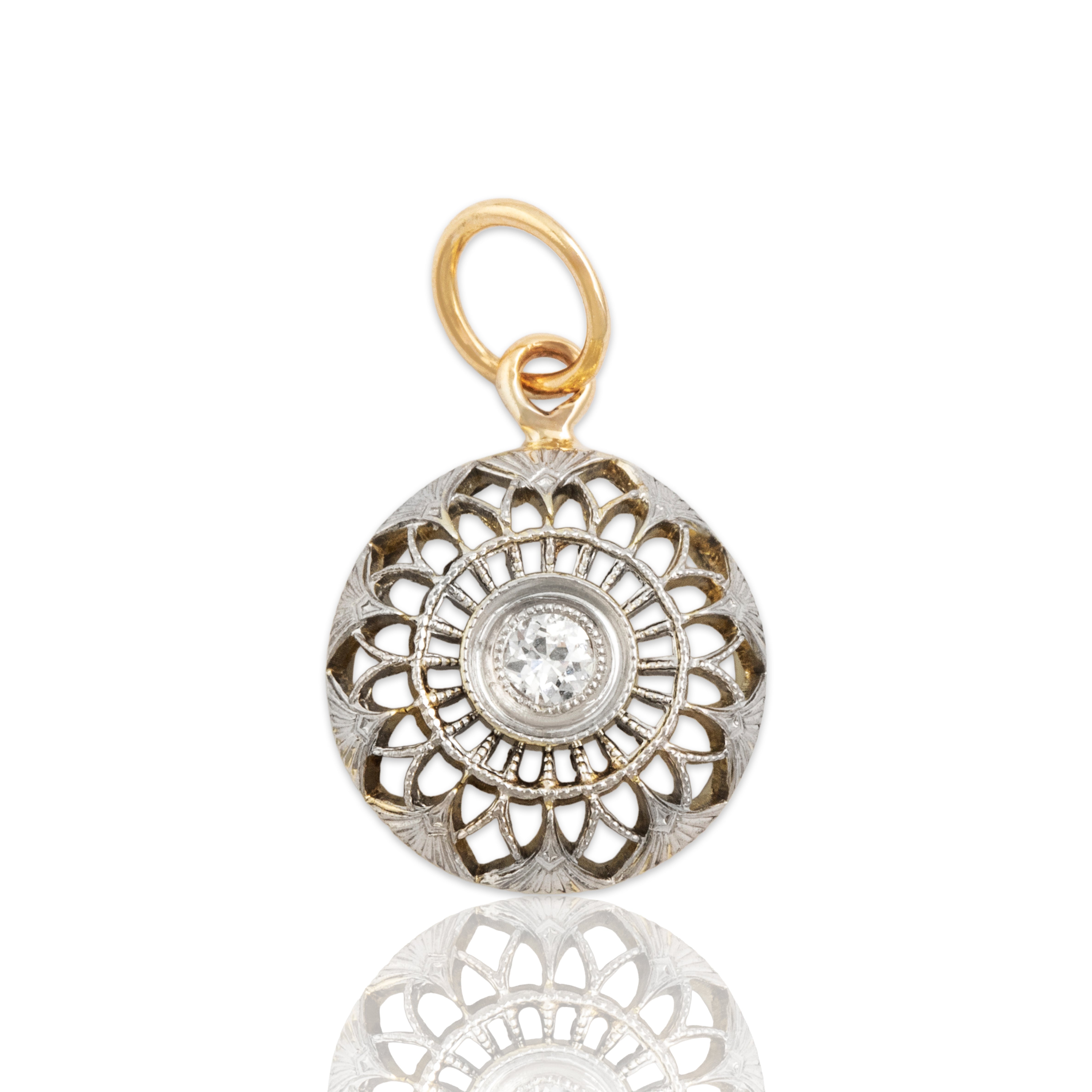 Antique 14k Yellow & White Gold Diamond Beautiful Fanning Openwork Charm / Pendant - Close-up view