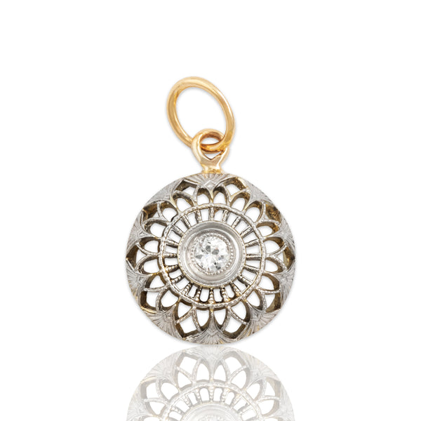 Antique 14k Yellow & White Gold Diamond Fanning Openwork Charm / Pendant