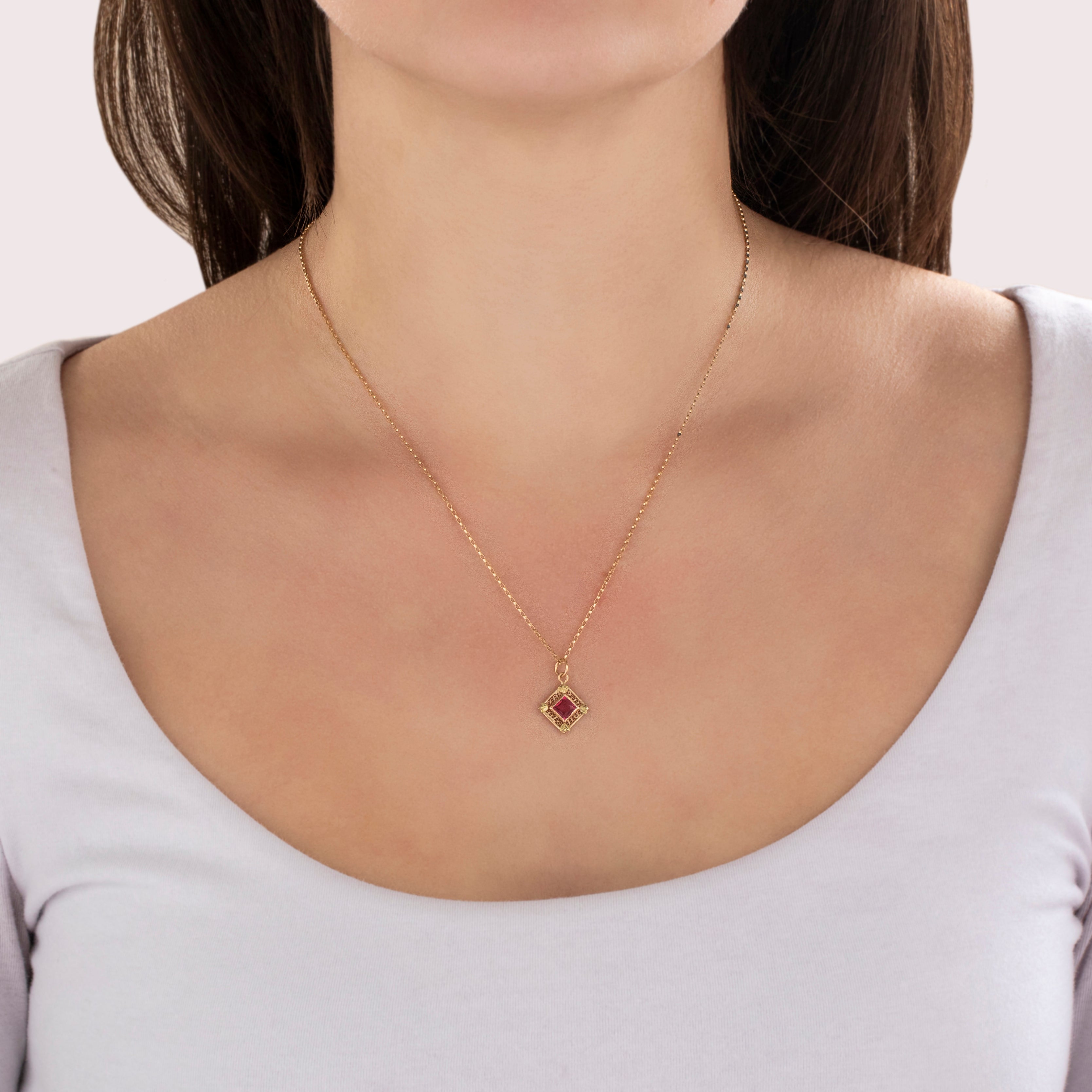 Antique 14k Rosy Yellow & Yellow Gold Glass Pretty Openwork Charm / Pendant - On model view