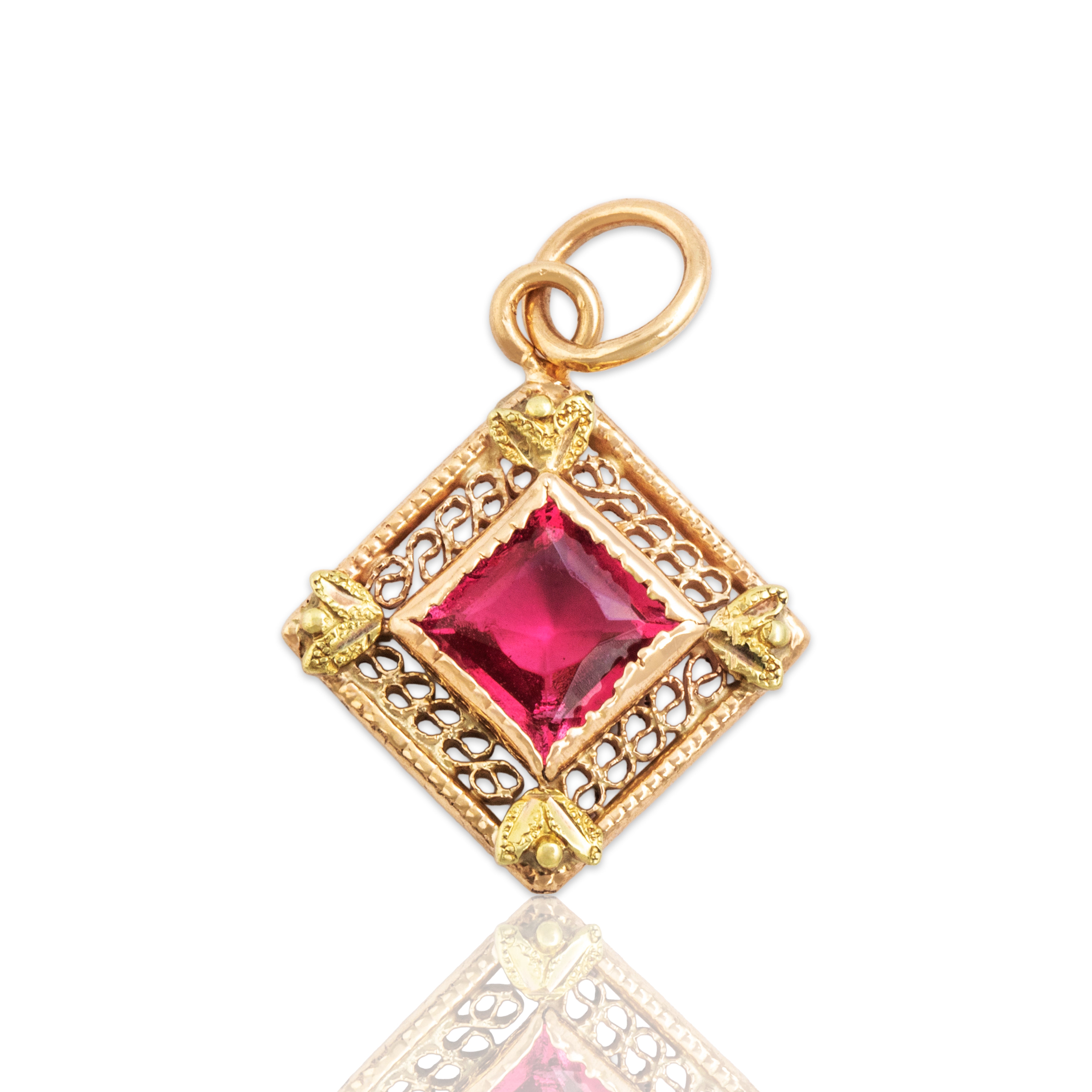 Antique 14k Rosy Yellow & Yellow Gold Glass Pretty Openwork Charm / Pendant - Close-up view