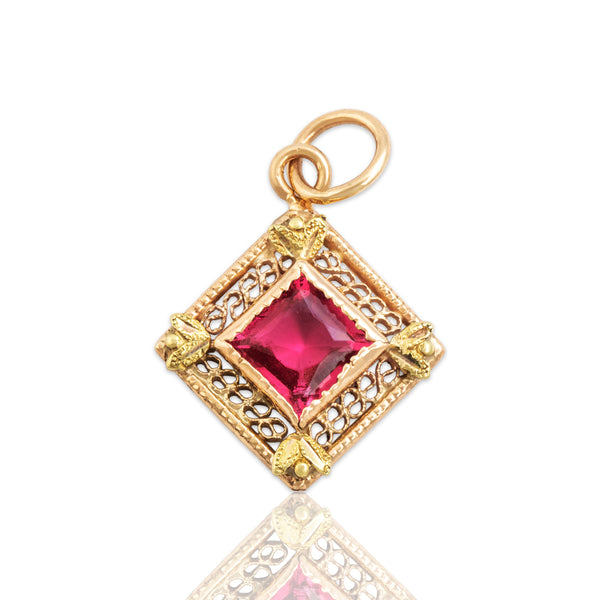 Antique 14k Rosy Yellow & Yellow Gold Pink Glass Pretty Openwork Charm / Pendant