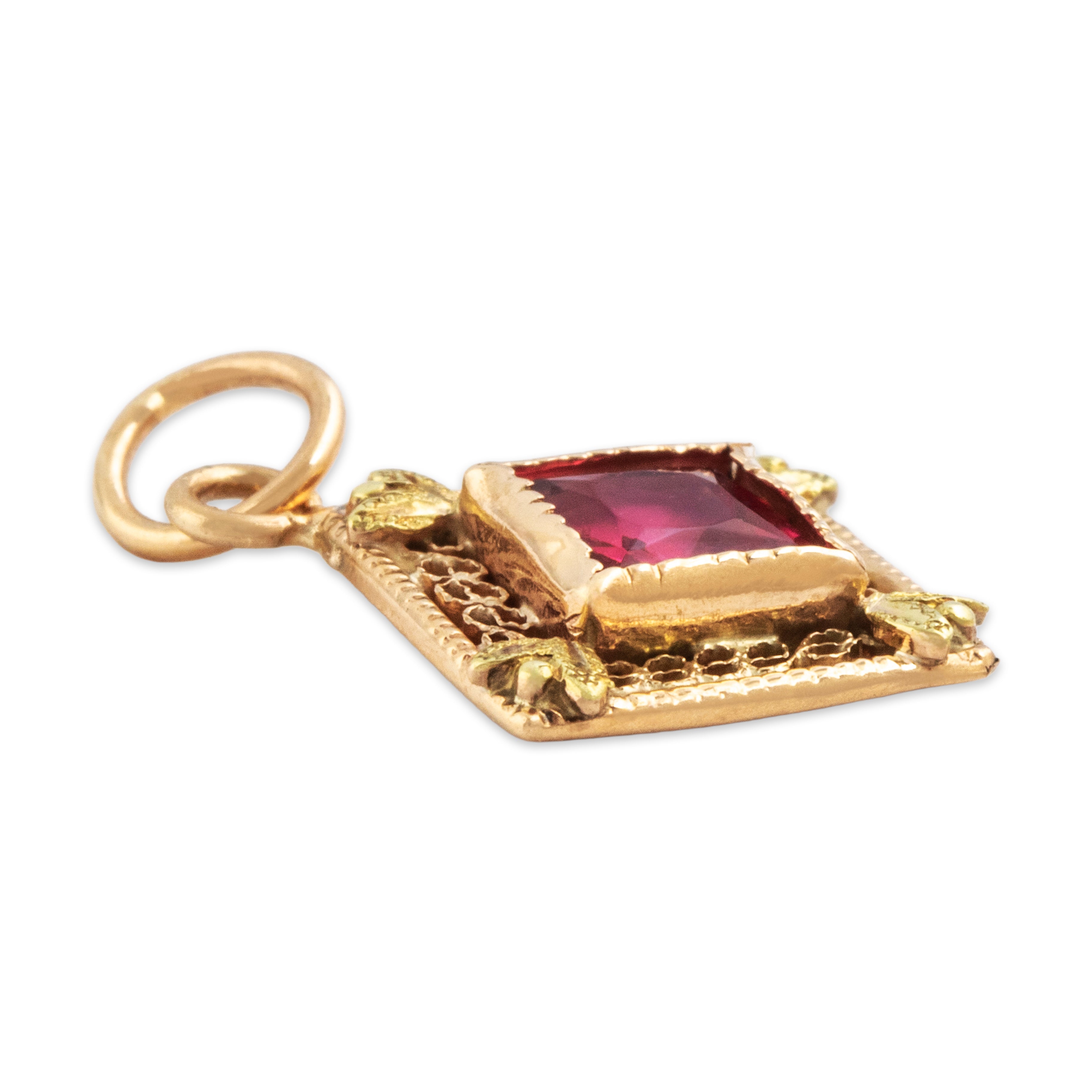 Antique 14k Rosy Yellow & Yellow Gold Glass Pretty Openwork Charm / Pendant - Side view
