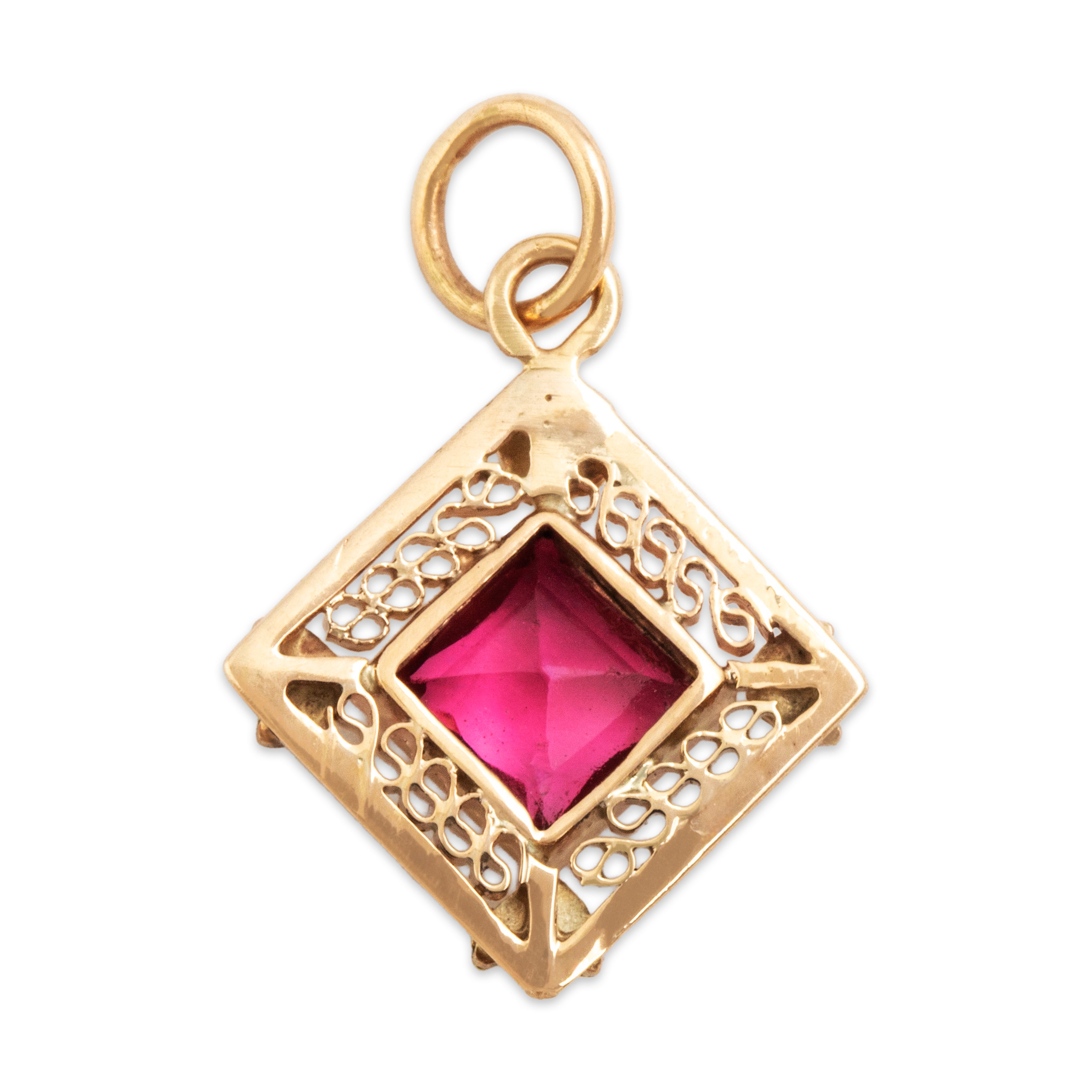 Antique 14k Rosy Yellow & Yellow Gold Glass Pretty Openwork Charm / Pendant - Back view