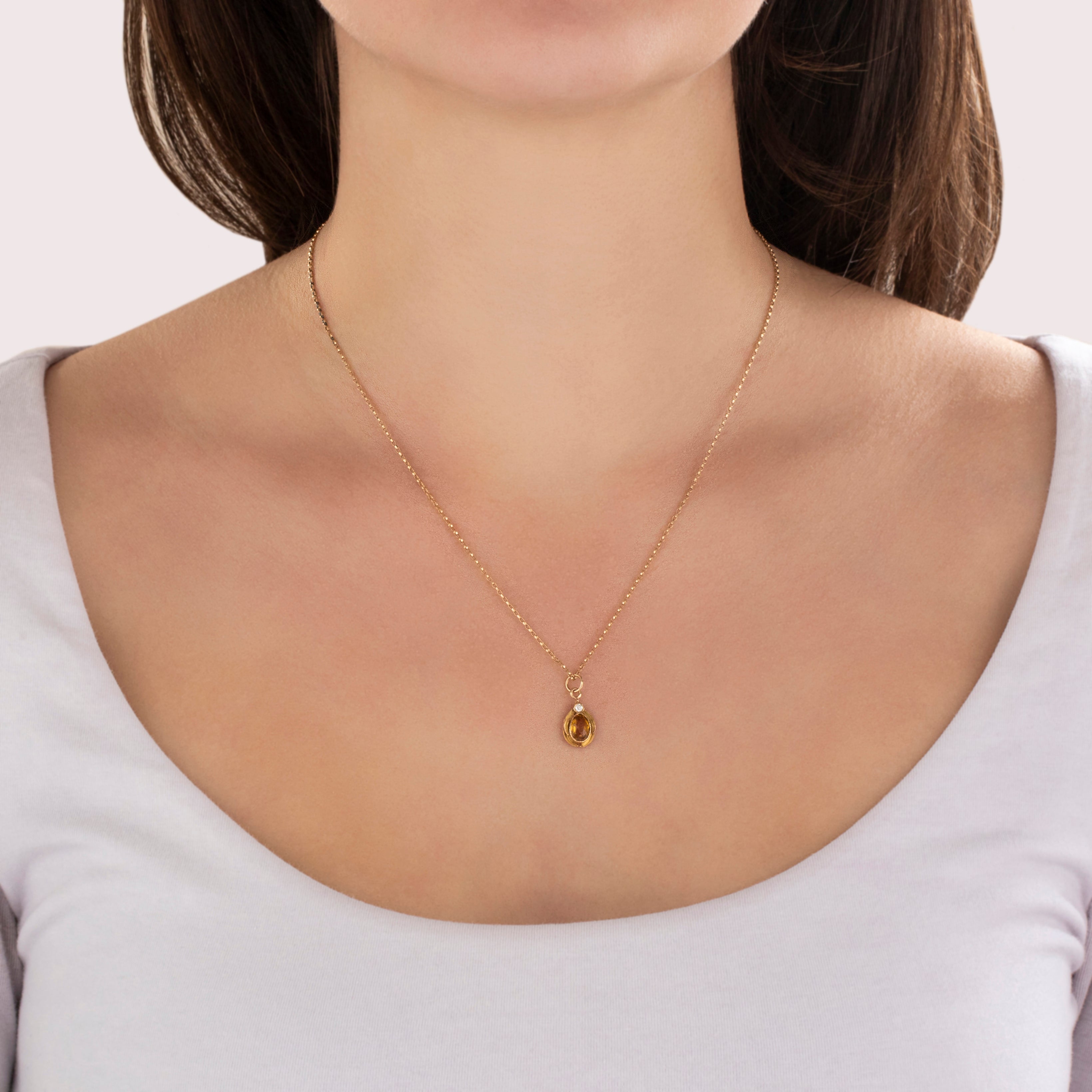 Antique 14k Yellow & Rosy Yellow Gold Glass Old Mine Diamond Duo Charm / Pendant - On model view