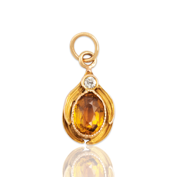 Antique 14k Yellow & Rosy Yellow Gold Orange Glass Old Mine Diamond Pendant
