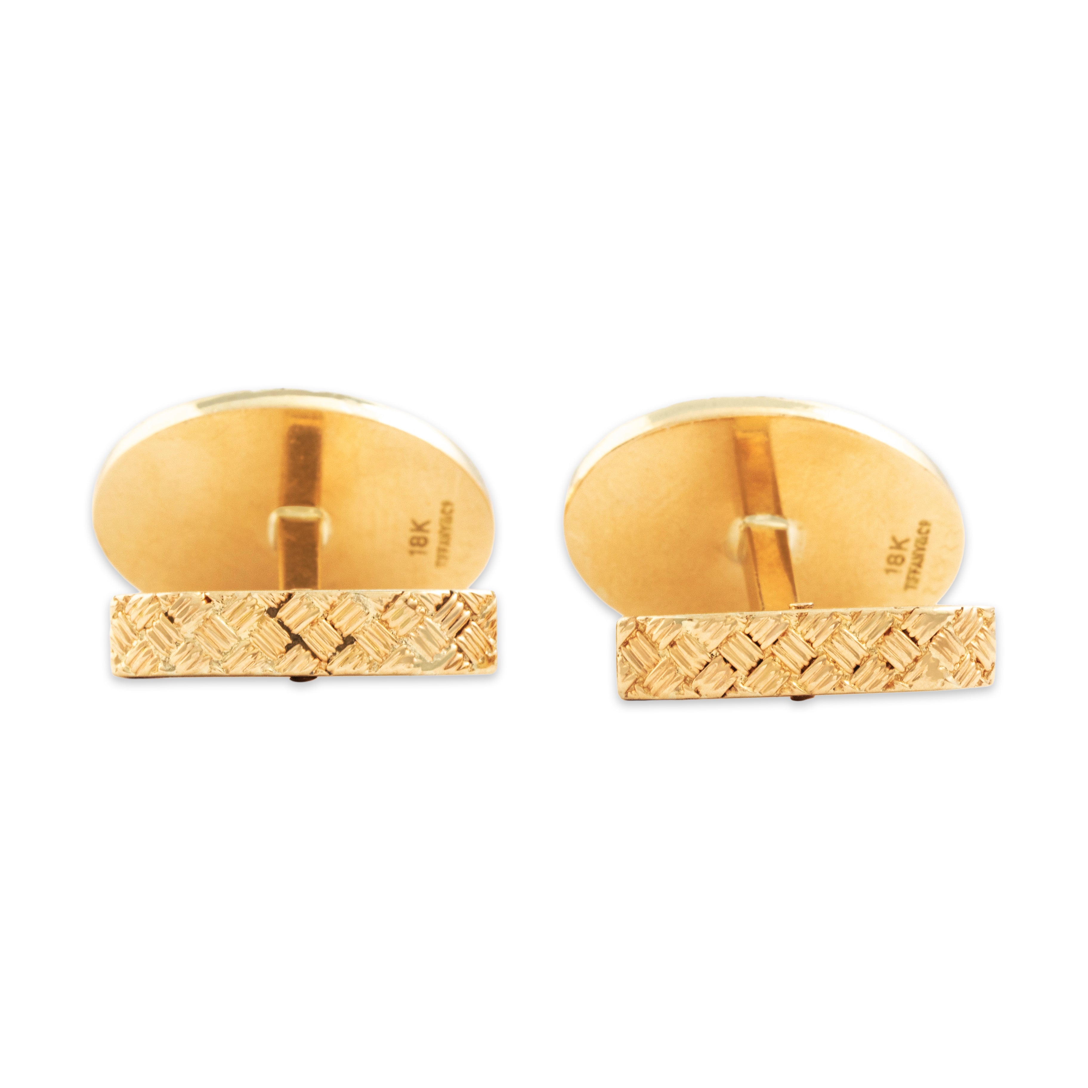 Vintage Tiffany & Co. 18k Yellow Gold Heavy Basket-Weave Oval Cufflinks - Hallmark view