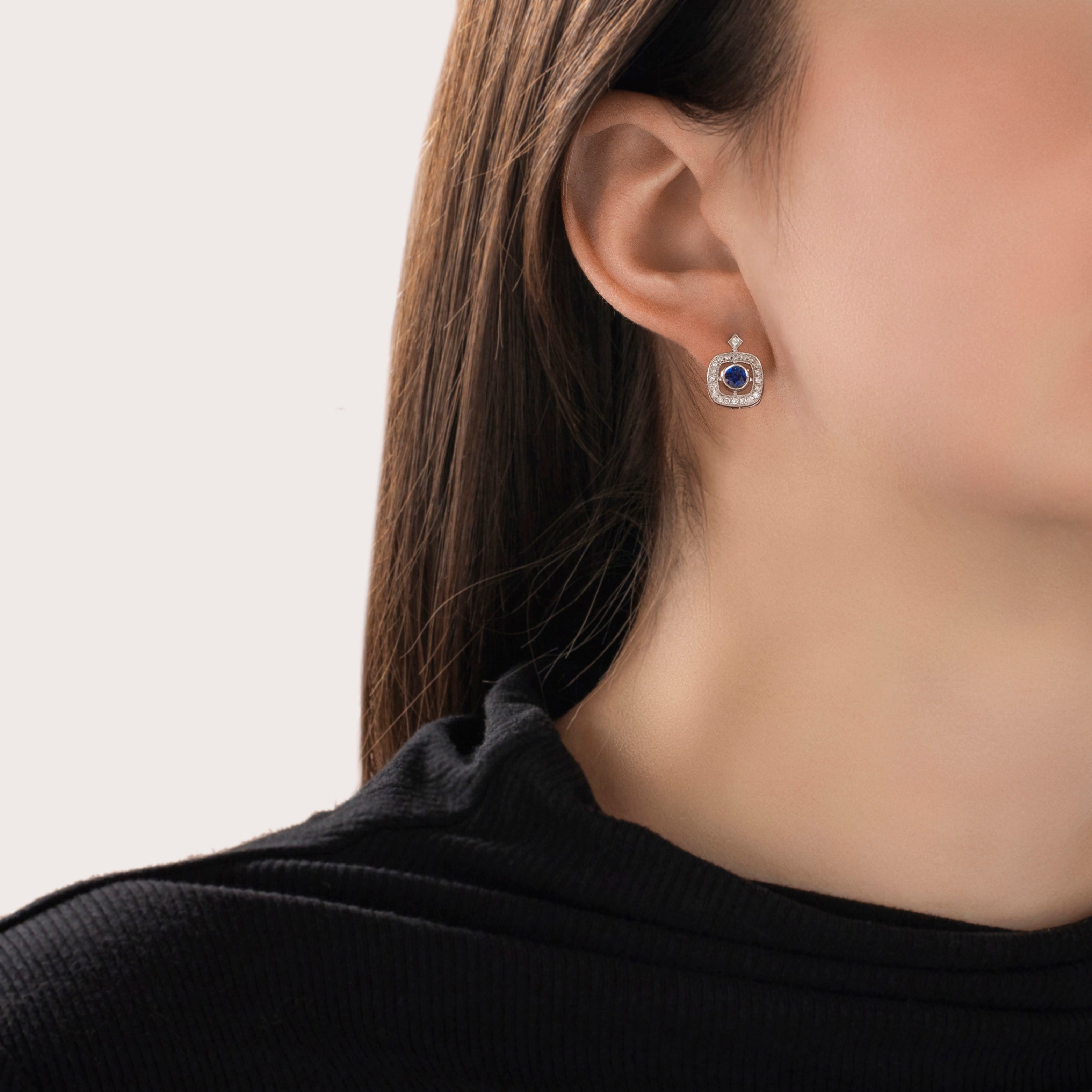 Vintage 14k White Gold Sapphire .26cttw Diamond Beautiful Square Halo Earrings - On model view