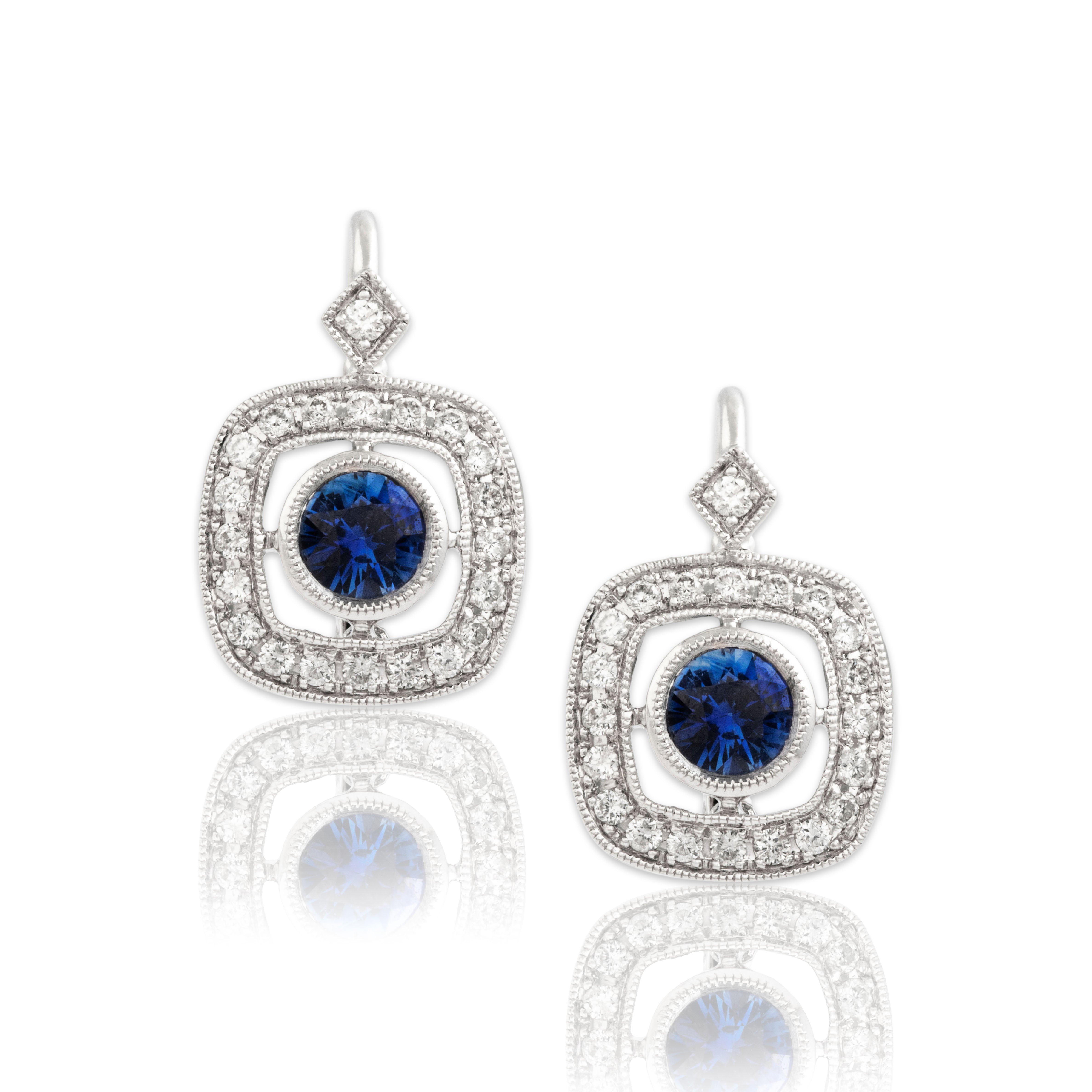 Vintage 14k White Gold .6cttw Blue Sapphire Diamond Beautiful Square Halo Earrings