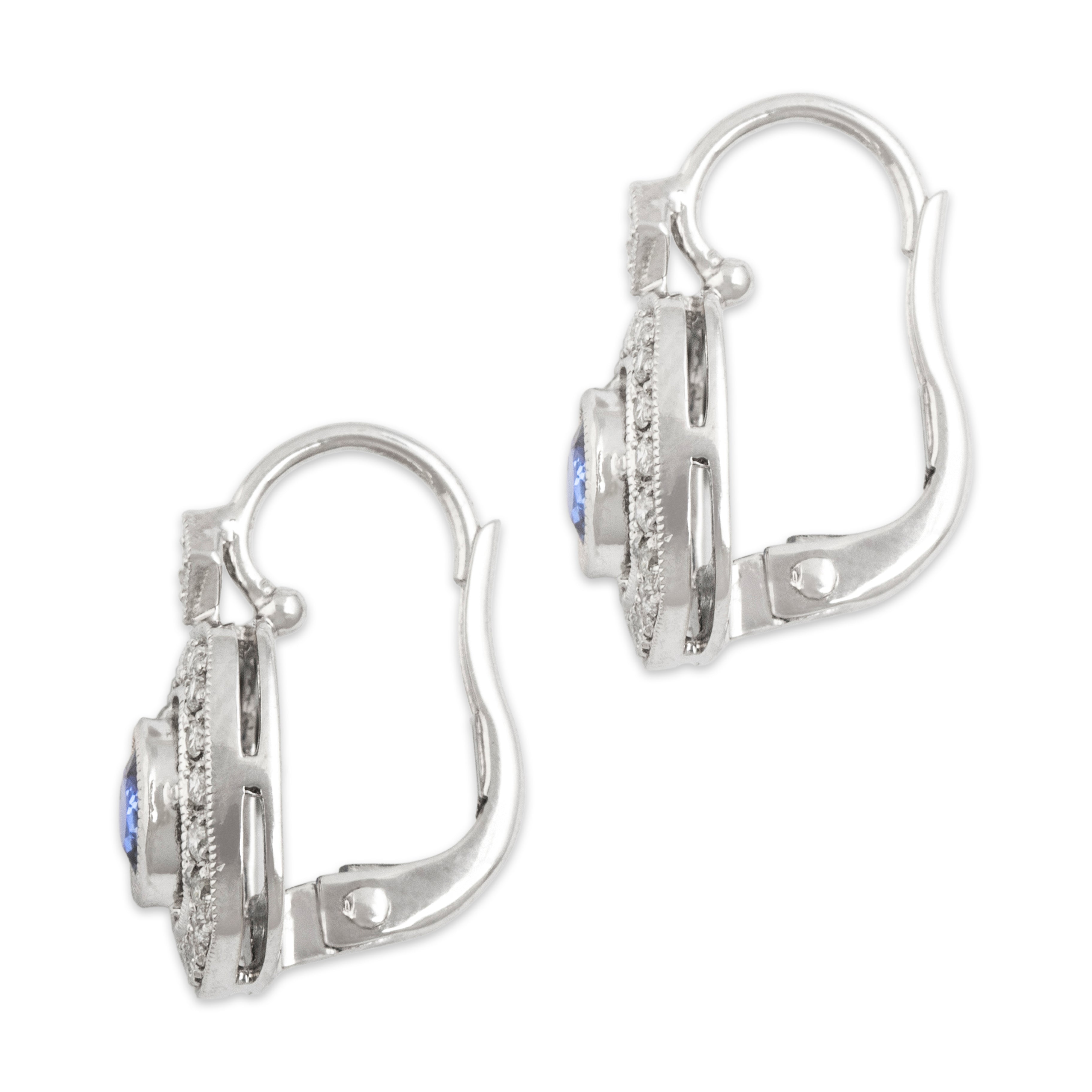 Vintage 14k White Gold Sapphire .26cttw Diamond Beautiful Square Halo Earrings - Side view