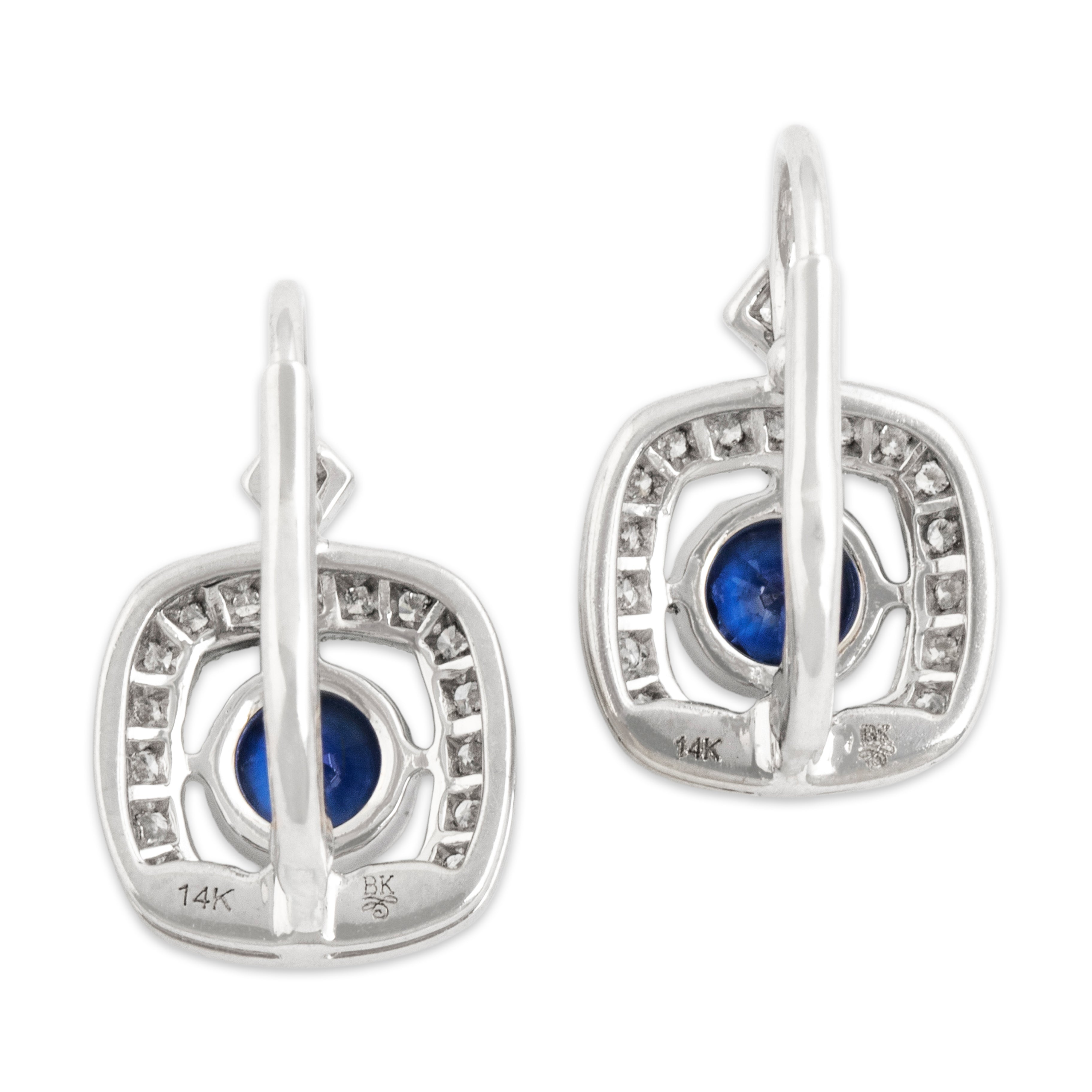 Vintage 14k White Gold Sapphire .26cttw Diamond Beautiful Square Halo Earrings - Back view