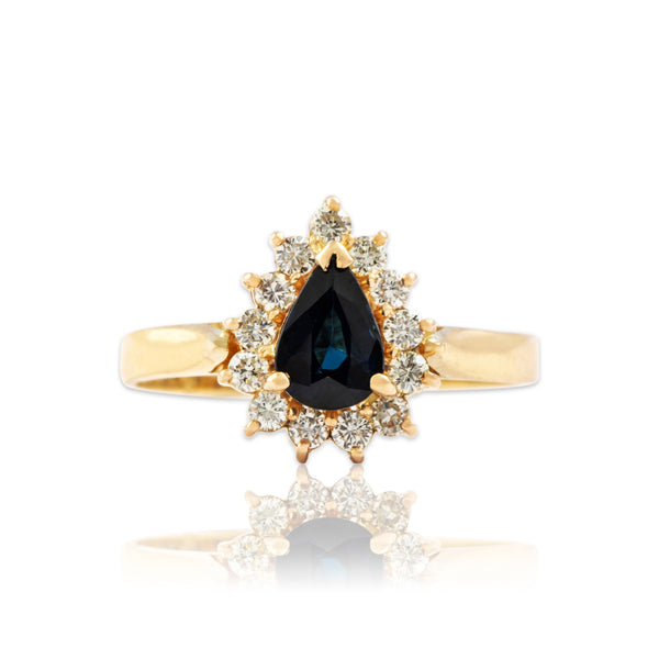 Vintage 14k Yellow Gold 1ct Blue Sapphire .297cttw Diamond Pear Halo Ring 7.50