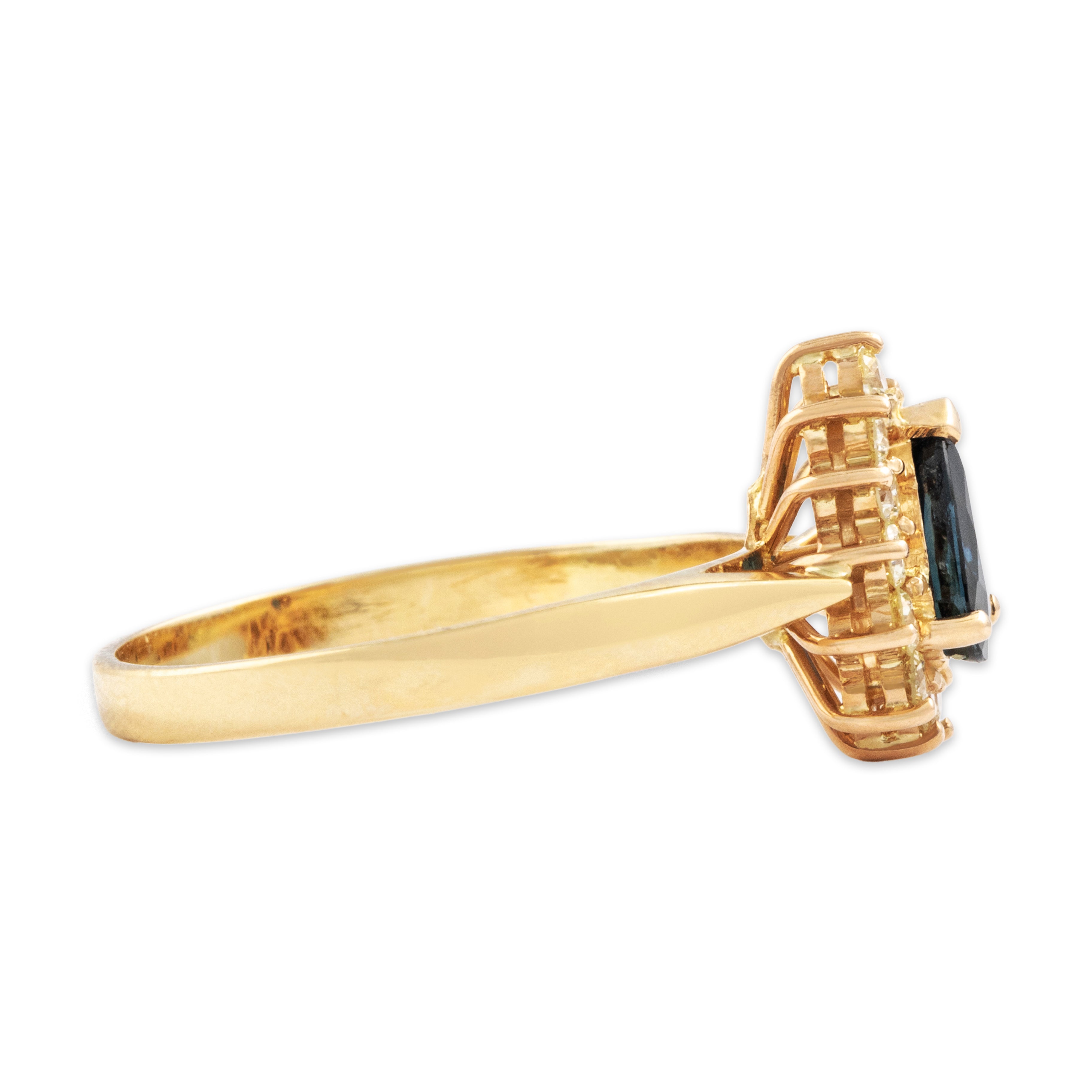 Vintage 14k Yellow Gold 1ct Blue Sapphire .297cttw Diamond Pear Halo Ring - Side view