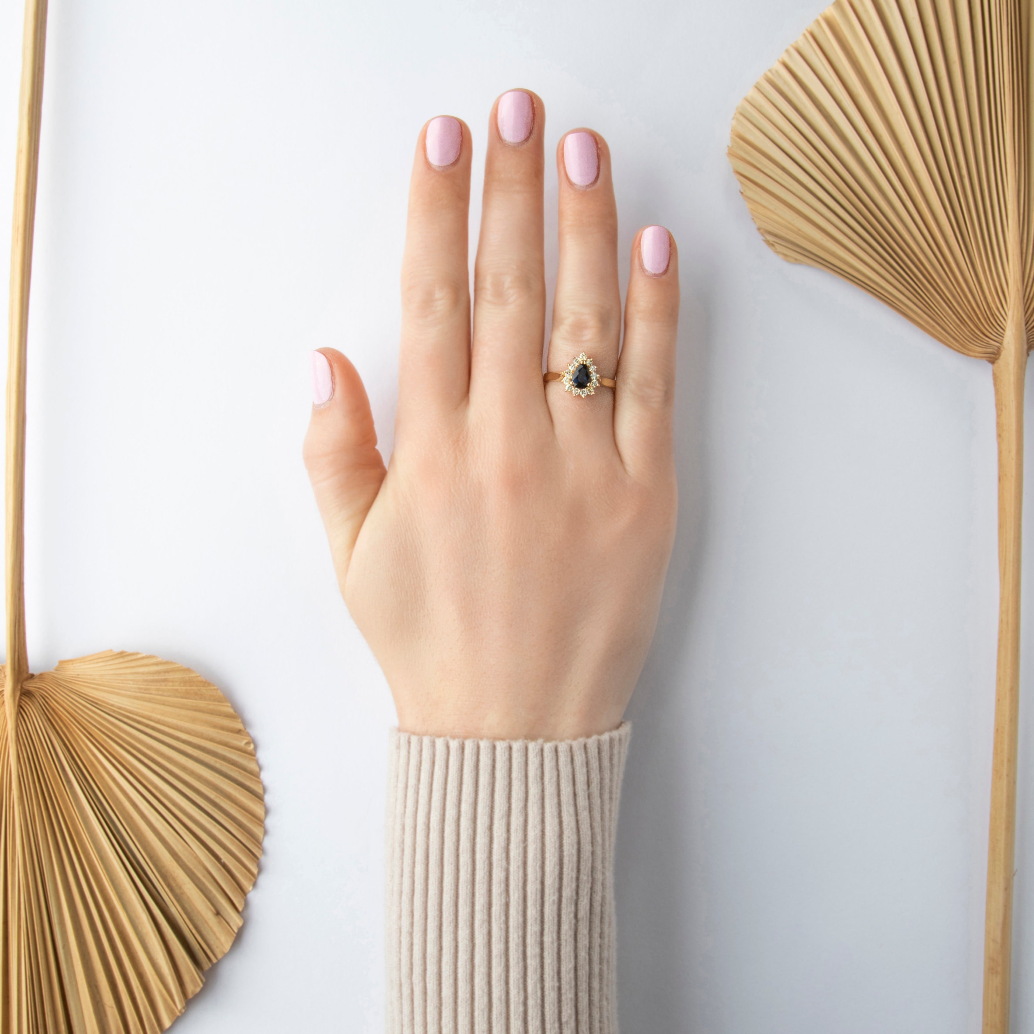 Vintage 14k Yellow Gold 1ct Blue Sapphire .297cttw Diamond Pear Halo Ring - On model view